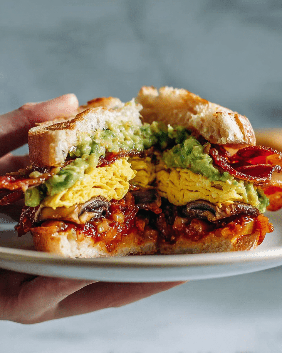 A close-up view of a sandwich held by a woman's hand on a white plate, with a white marbled background. The sandwich has three main layers inside a shiny, golden-brown croissant bun. The bottom visible layer is a red sauce with small chunks, spread thickly. Above that is a layer of melted yellow cheese creating a smooth, creamy texture. On top of the cheese is a layer of green guacamole, chunky and fresh-looking, with thin, dark red slices of meat or sausage peeking through. The croissant top is flaky and layered, slightly pressing down on the fillings. The photo taken with an iphone --ar 4:5 --v 7