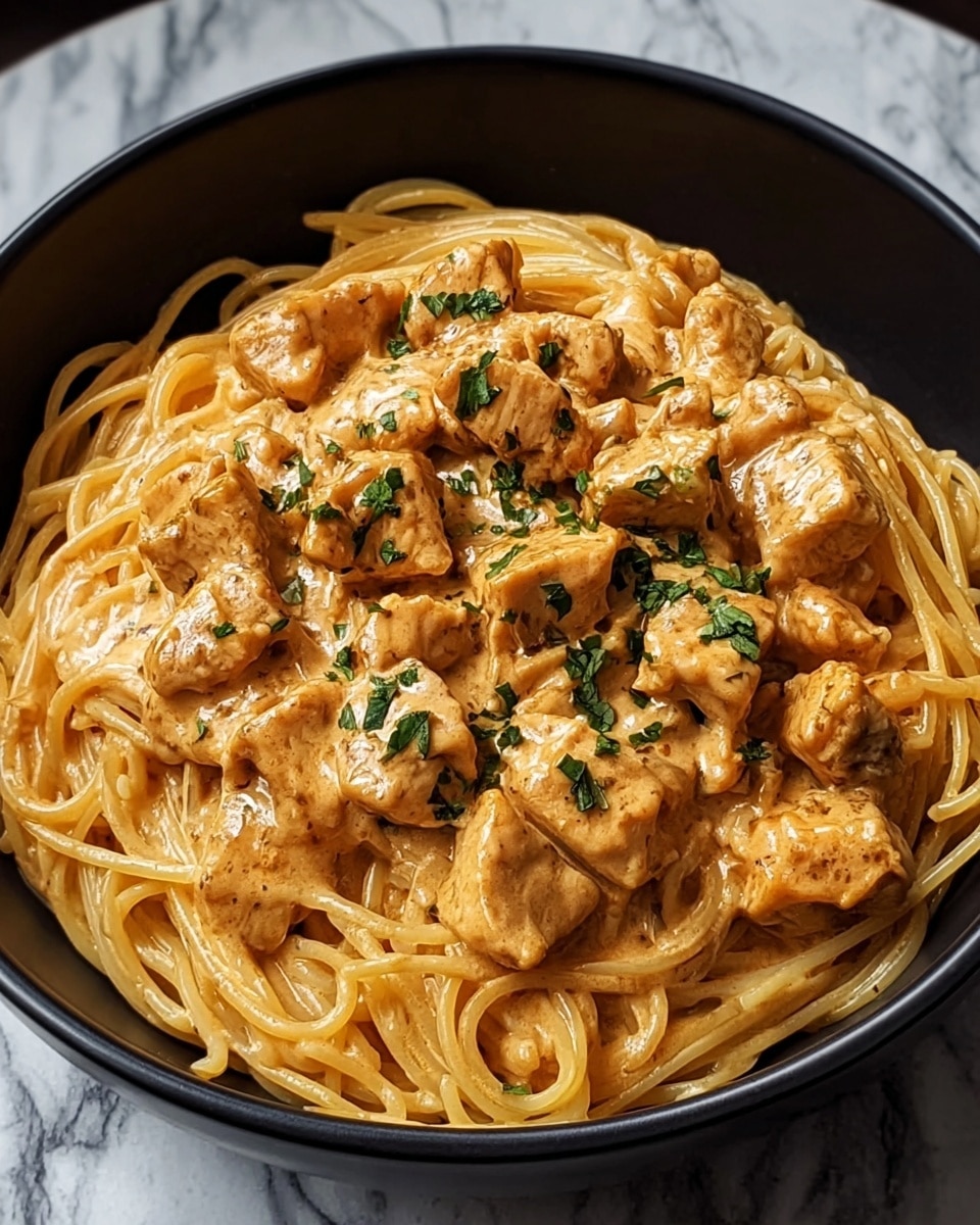 A black bowl filled with a creamy pasta dish that has two main layers: the bottom layer is light yellow spaghetti noodles, and the top layer consists of small, cubed pieces of chicken coated in a thick, orange cream sauce with visible black pepper flakes and small green herb pieces sprinkled on top. The bowl sits on a white marbled surface with some green leaves blurred softly in the background. photo taken with an iphone --ar 4:5 --v 7