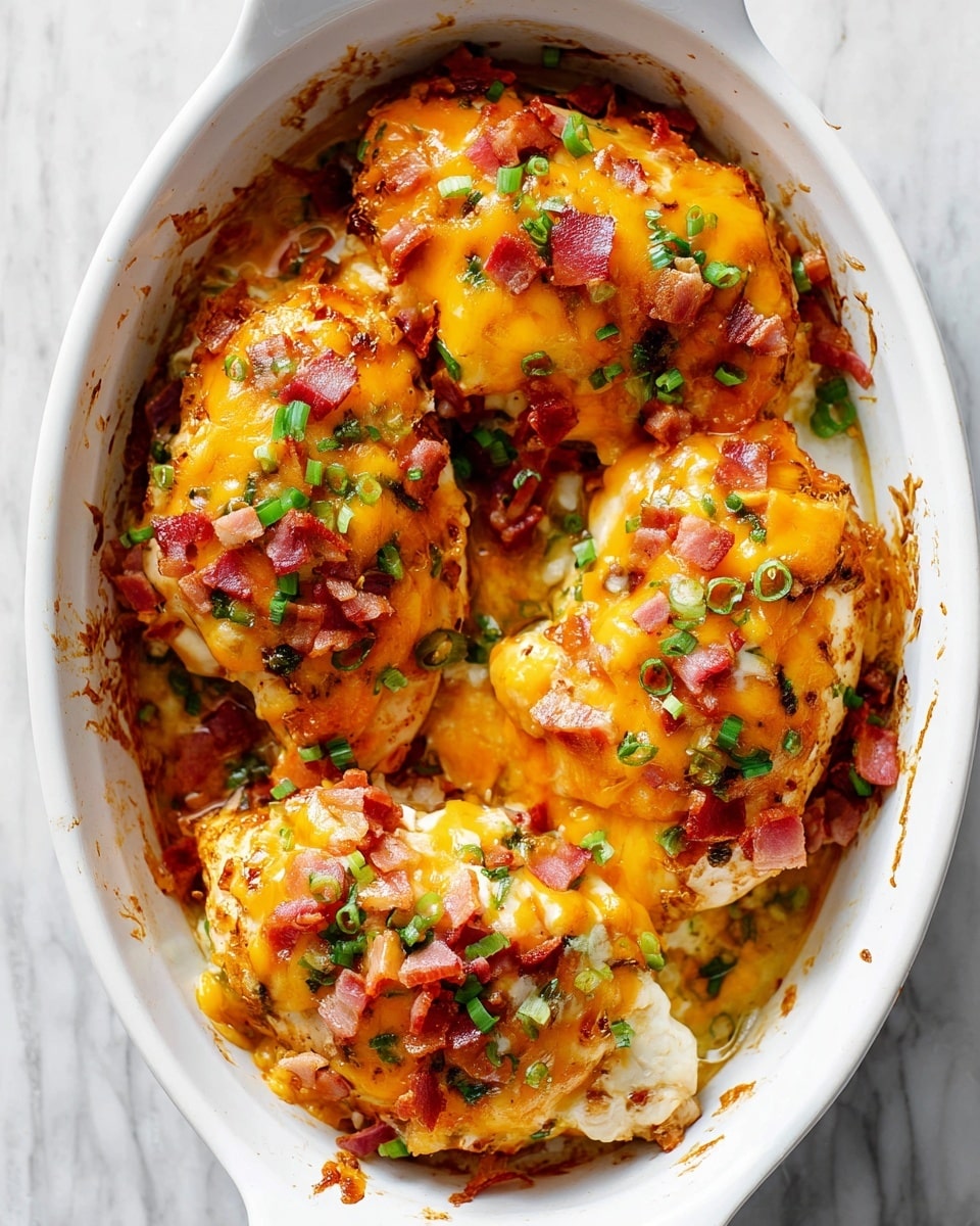 The image shows a white oval baking dish filled with three baked chicken breasts. Each chicken breast is topped with a thick, melted layer of golden-orange cheese that has browned slightly in spots. Scattered on top and around the chicken are small pieces of diced ham, light pink in color, along with chopped green onions and fresh parsley that add touches of bright green. The chicken pieces sit on a bed of more melted cheese and herbs, with some browned bits clinging to the edges of the dish. The dish is placed on a white marbled surface. photo taken with an iphone --ar 4:5 --v 7