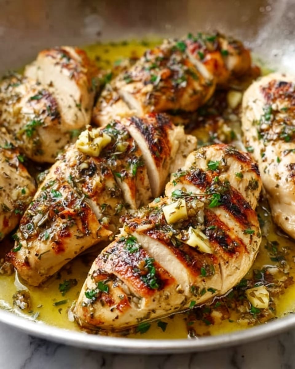 The image shows cooked chicken breasts cut into thick slices and arranged close together in a white pan. The chicken is golden brown with visible grill marks on top, and it is covered with small chopped herbs and garlic bits, adding texture and green and light yellow colors on the surface. The pan holds a small amount of light olive oil mixed with herbs and garlic, giving a shiny look to the chicken. The background is a white marbled texture. photo taken with an iphone --ar 4:5 --v 7