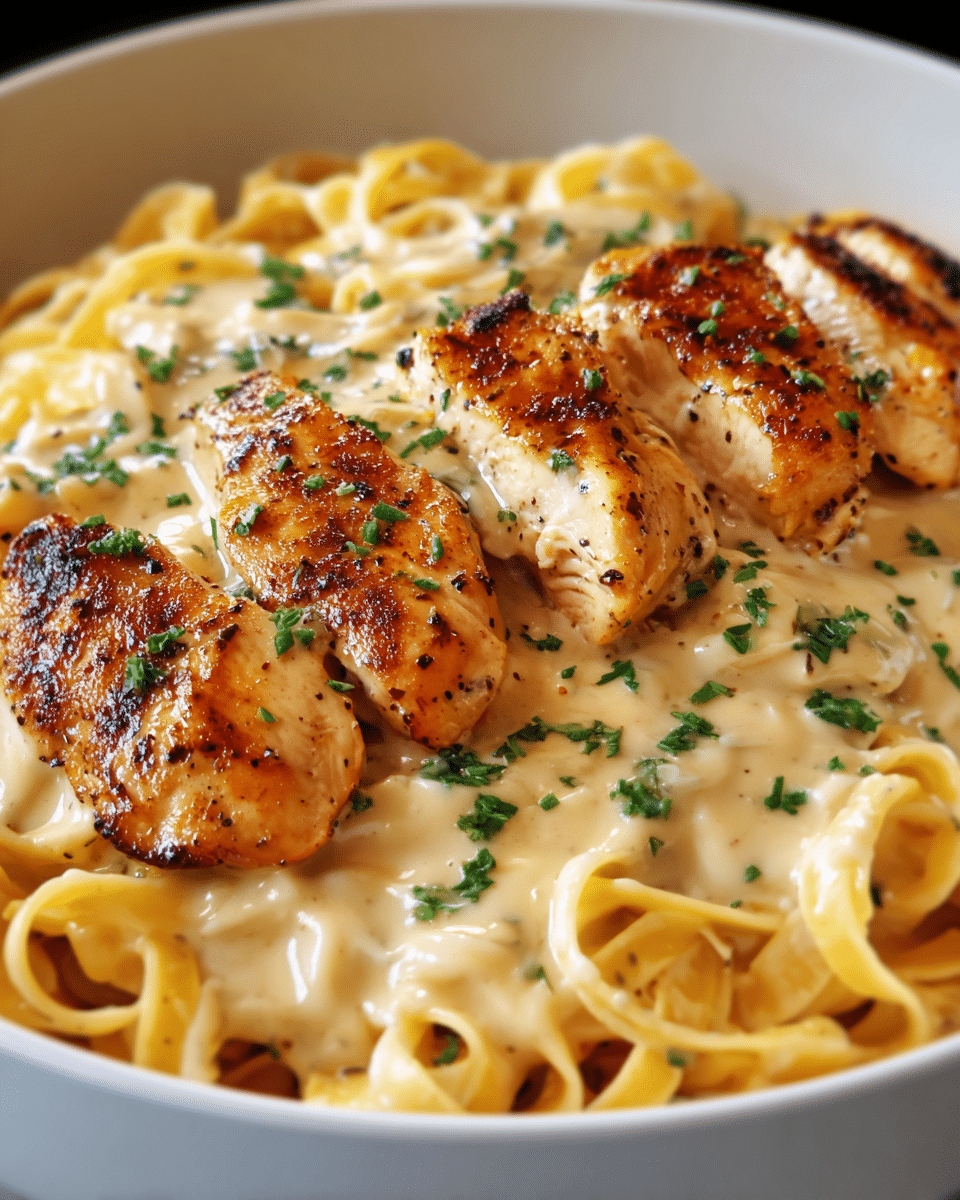 The dish is a round white bowl filled with creamy fettuccine pasta at the bottom, showing smooth, light yellow noodles arranged loosely. On top, there are five grilled chicken pieces with a golden-brown, slightly charred surface, placed in a neat row across the middle of the pasta. A light drizzle of white sauce is spread over the chicken and some pasta, and small sprinkles of green herbs are scattered on top, adding a fresh contrast. The background is a white marbled surface. Photo taken with an iphone --ar 4:5 --v 7