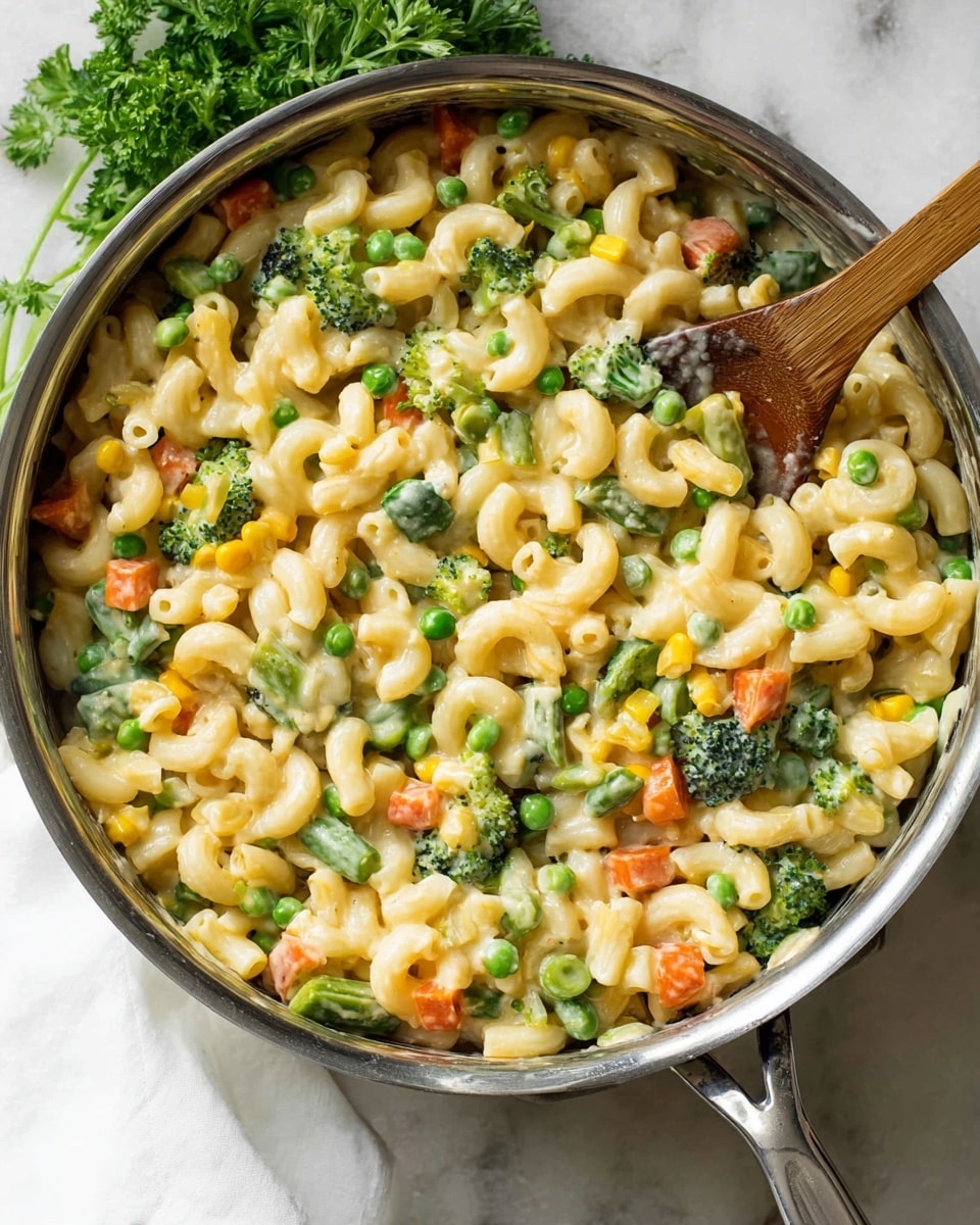 A close-up overhead view of a shiny silver pan filled with creamy macaroni pasta mixed with various vegetables, including bright green peas, dark green broccoli florets, orange carrot cubes, yellow corn kernels, and green beans. The pasta is coated with a smooth, light-colored cheesy sauce. A wooden spoon rests inside the pan on the right side. The pan sits on a white marbled surface, with some fresh green parsley partially visible in the upper left corner. photo taken with an iphone --ar 4:5 --v 7