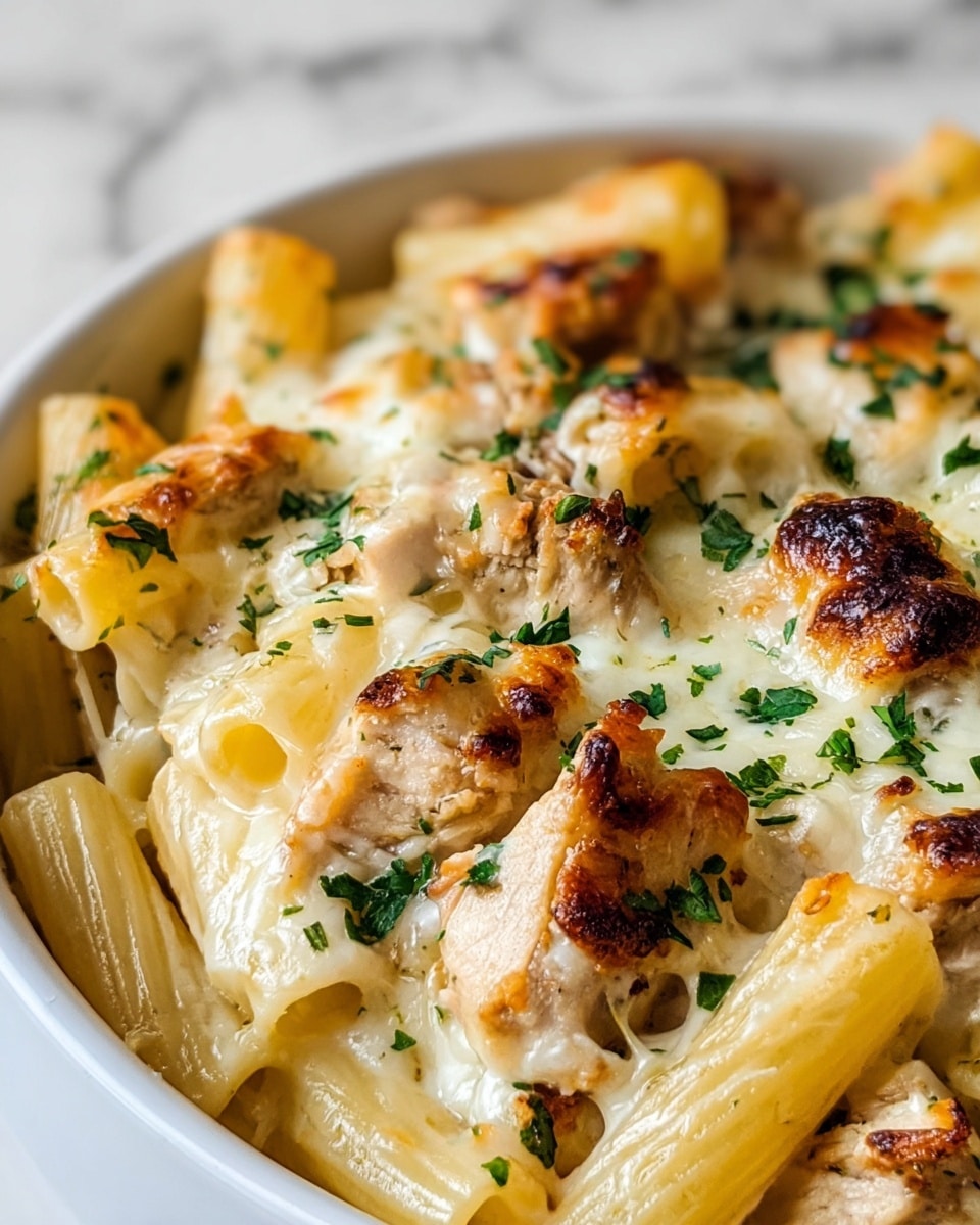 The dish shows a close-up of baked pasta with a creamy, melted cheese layer on top that is slightly browned and bubbly. The pasta is rigatoni, pale yellow in color, and mixed with browned chunks of chicken that have a light golden crust. Fresh chopped green herbs are sprinkled over the top, adding a touch of color and freshness. The food is served in a white bowl, placed against a white marbled background. photo taken with an iphone --ar 4:5 --v 7