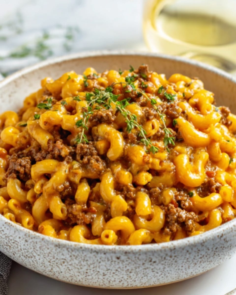 The image shows a bowl of macaroni pasta mixed with ground beef and covered in a rich, orange-colored cheese sauce. The pasta is curly and well-coated, with small pieces of browned meat spread evenly on top and throughout. Fresh green herbs are sprinkled on the meat as a garnish, adding a touch of color contrast. The bowl is white with a speckled pattern, placed on a white marbled surface. A glass of white wine is seen blurred in the background. Photo taken with an iphone --ar 4:5 --v 7