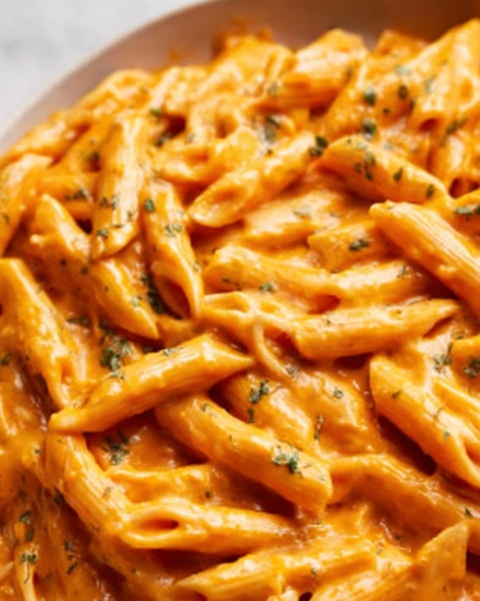This image shows a close-up of cooked penne pasta coated in a creamy orange sauce. The pasta layers are closely packed and glossy, with small bits of green herbs sprinkled unevenly on top, adding a touch of color. The sauce has a smooth texture that covers each piece of pasta, making the dish look rich and thick. The overall look is warm and inviting, set against a white marbled background. Photo taken with an iphone --ar 4:5 --v 7