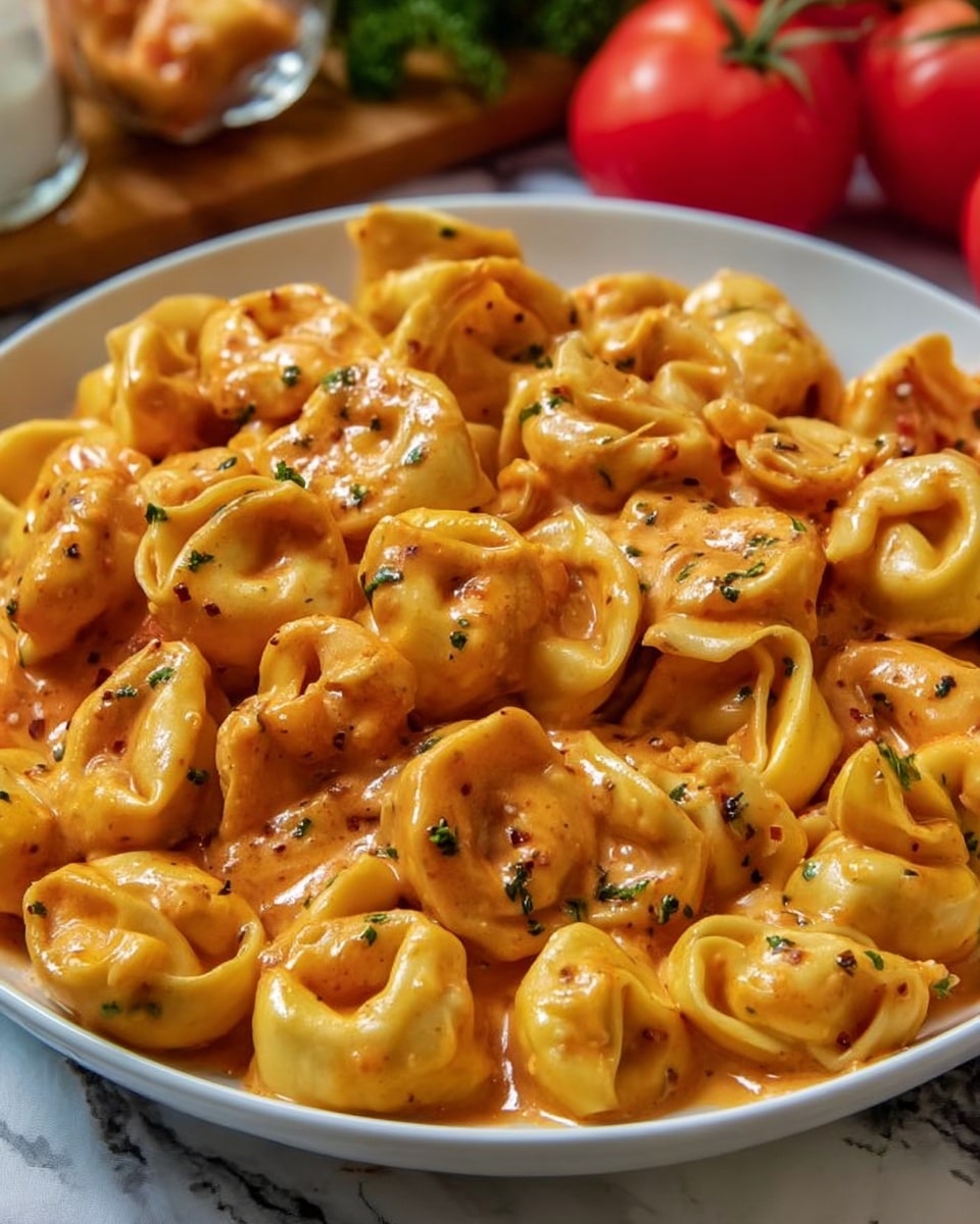 A white plate filled with several layers of tortellini pasta covered in a creamy orange sauce, each tortellini piece plump and glossy, coated evenly with sauce and scattered with small green herb bits, the pasta pieces showing their curved, folded shapes with smooth texture beneath the sauce, all set on a white marbled surface with some whole tortellini and tomatoes slightly blurred in the background, photo taken with an iphone --ar 4:5 --v 7