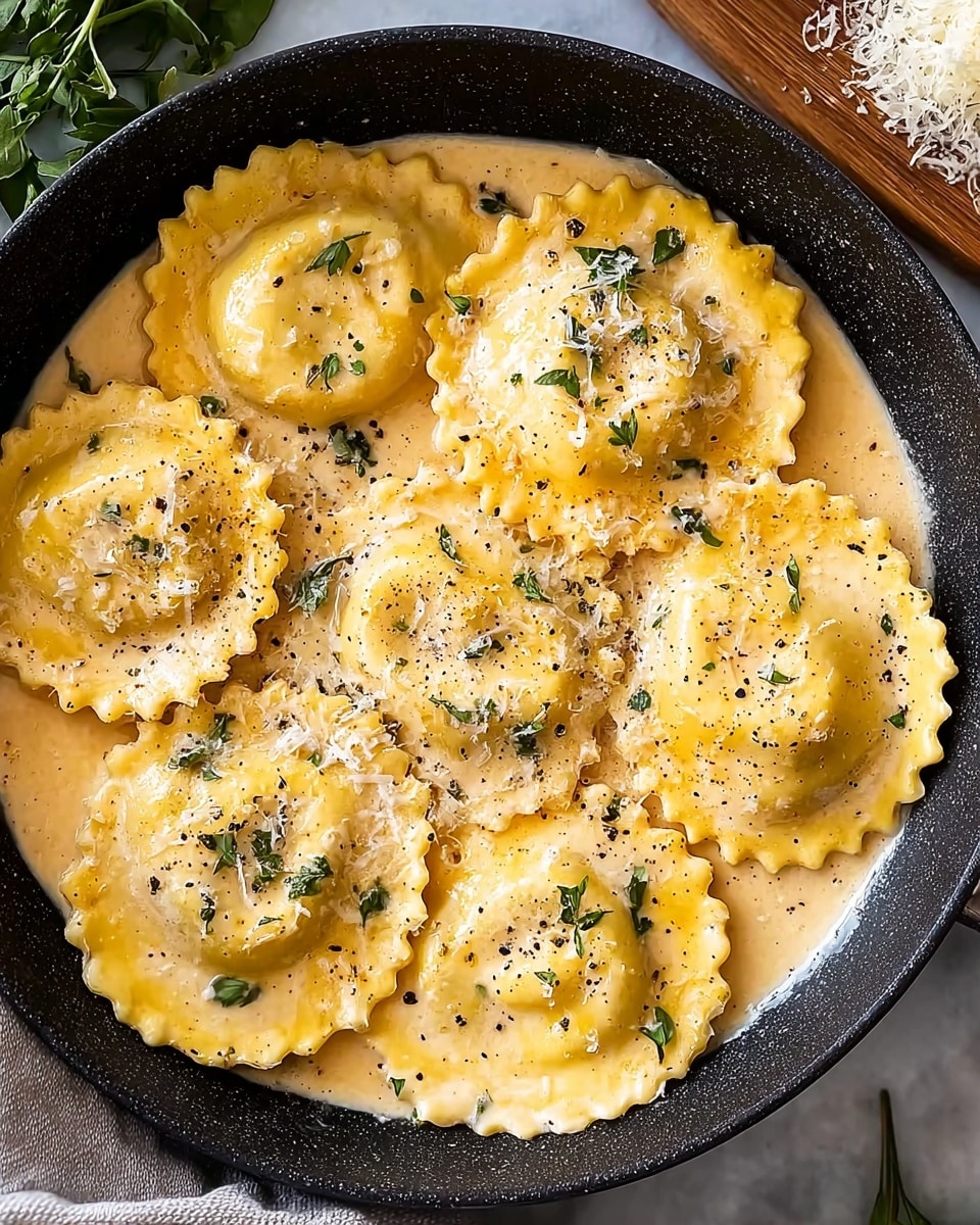 A close-up view of a round black pan filled with seven large ravioli pieces, each having light yellow pasta with frilled edges. The ravioli are covered in a creamy light orange sauce with a smooth texture. Small green herb bits and black pepper specks are scattered on top. A thin layer of grated white cheese is sprinkled evenly over the ravioli and sauce, adding a slightly grainy texture. The pan rests on a white marbled surface, visible along the edges, with some green herbs tucked on the top left corner and a wooden board with grated cheese on the top right. Photo taken with an iphone --ar 4:5 --v 7