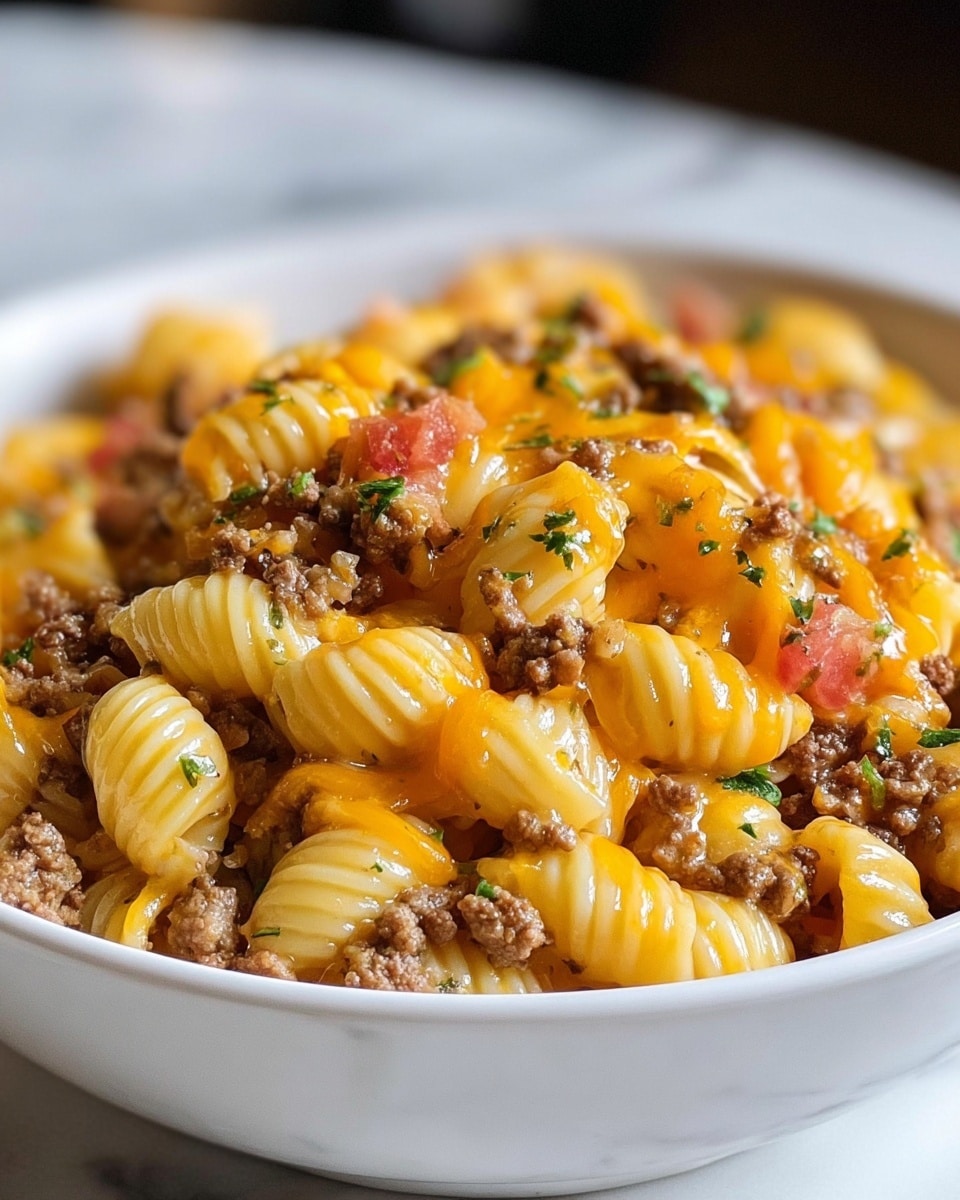 The dish in a white bowl shows three main layers: at the bottom are coiled pasta pieces in pale yellow with a smooth, slightly ridged texture; the middle layer has small bits of cooked ground meat in brown, scattered evenly among the pasta; the top layer features melted bright orange cheese spread over the pasta and meat, with small bits of red tomato and tiny green herbs dotted on top, adding color contrast. The image has a shallow focus, and the white bowl sits on a white marbled surface. photo taken with an iphone --ar 4:5 --v 7