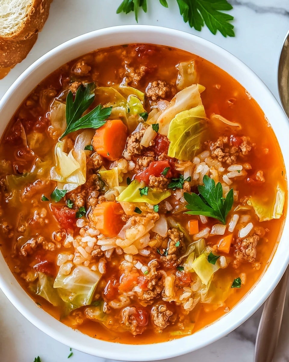 A white bowl filled with a thick vegetable and meat soup, showing a rich orange-red broth. The soup has visible layers of chopped green cabbage leaves, small orange carrot slices, ground brown meat pieces, and bits of diced tomatoes, all floating throughout. Some white rice grains are mixed in, adding texture. Fresh green parsley leaves sit on top as garnish. The bowl is placed on a white marbled surface with a piece of crusty bread visible in the top-left corner. Photo taken with an iphone --ar 4:5 --v 7