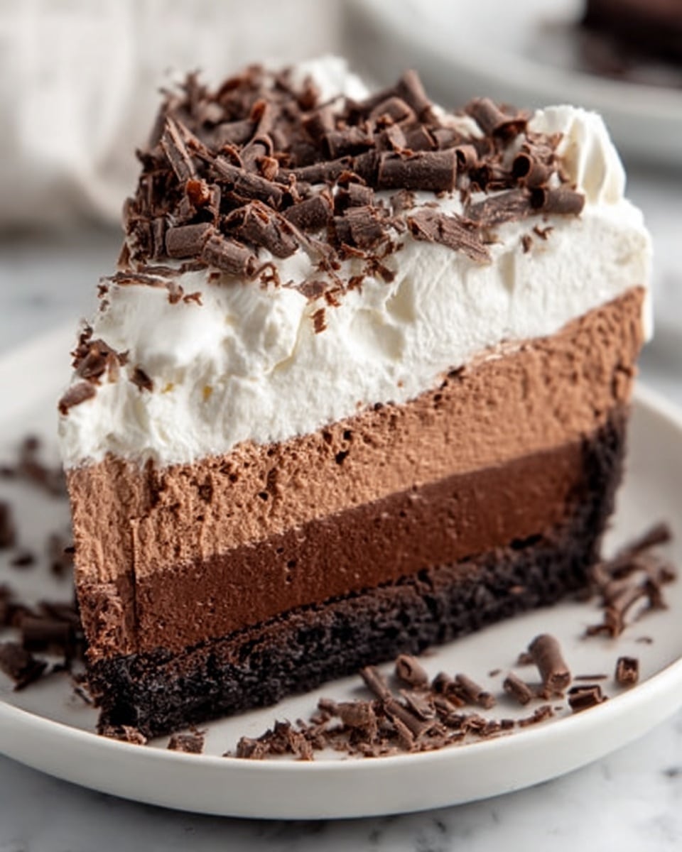 The image shows a slice of layered chocolate dessert on a white plate, placed on a white marbled surface. The bottom layer is dark, dense chocolate crust, followed by two thick layers of smooth chocolate mousse in different shades of brown. On top, there is a thick layer of white whipped cream covered with dark chocolate curls and chocolate sprinkles. The textures are soft and creamy, with the curls adding a rough detail on top. photo taken with an iphone --ar 4:5 --v 7