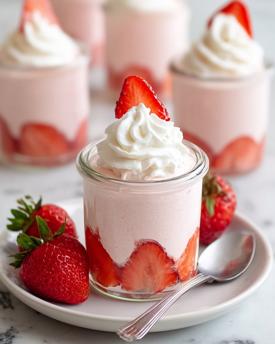 The image shows two small glass jars filled with three layers: the bottom layer has fresh red strawberry slices pressed against the glass, the middle layer is a smooth light pink creamy mousse, and the top layer is a swirl of white whipped cream. The jars sit on a white plate with a few whole red strawberries scattered around. A silver spoon lies next to the jars on the same plate. The background is a white marbled surface with more blurred jars of the dessert in the back. photo taken with an iphone --ar 4:5 --v 7