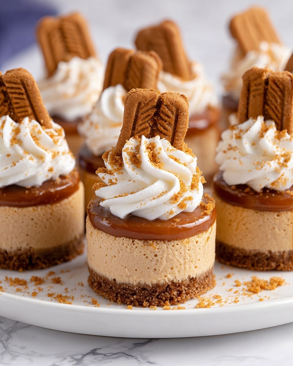The image shows small round cheesecakes on a white plate set on a white marbled surface. Each cheesecake has three main layers: a crumbly brown cookie crust at the bottom, a thick light brown creamy layer in the middle, and a smooth caramel-colored layer on top. On top of the caramel layer is a swirl of white whipped cream, sprinkled with crumbs of the brown cookies. A whole square brown cookie is placed upright, slightly inserted into the whipped cream on each cheesecake. Crumbs are scattered around the plate, adding texture to the scene. The photo taken with an iphone --ar 4:5 --v 7