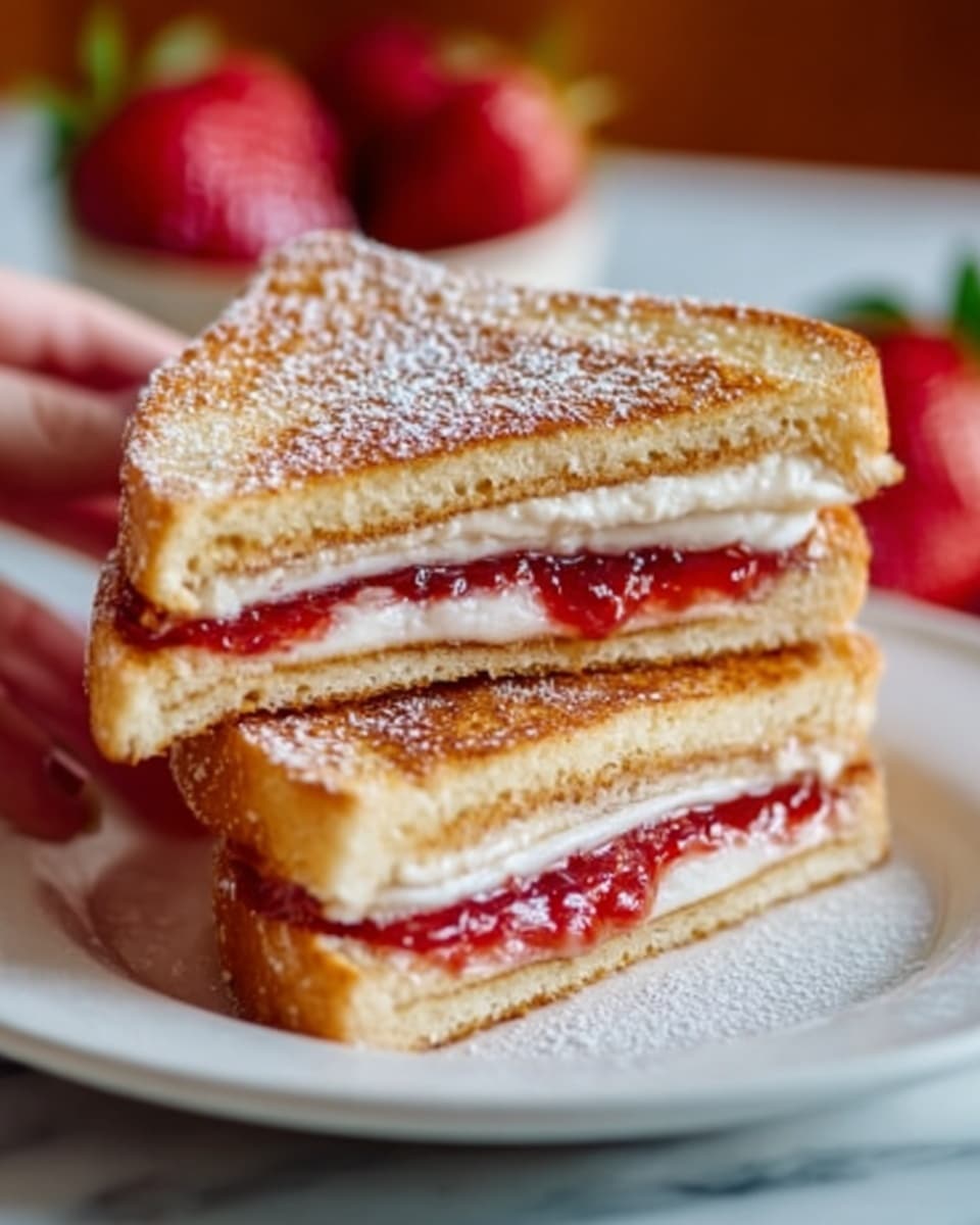 The image shows two triangular sandwich halves stacked on a white plate, placed on a white marbled surface. Each sandwich has three visible layers: the top and bottom layers are golden-brown toasted bread with a slightly textured crust, the middle layer is a bright red jelly that looks smooth and shiny, and a creamy white spread beneath the jelly that appears soft and thick. A light dusting of powdered sugar covers the top slice of bread. In the background, out of focus, there are a few red strawberries adding color contrast. Photo taken with an iphone --ar 4:5 --v 7