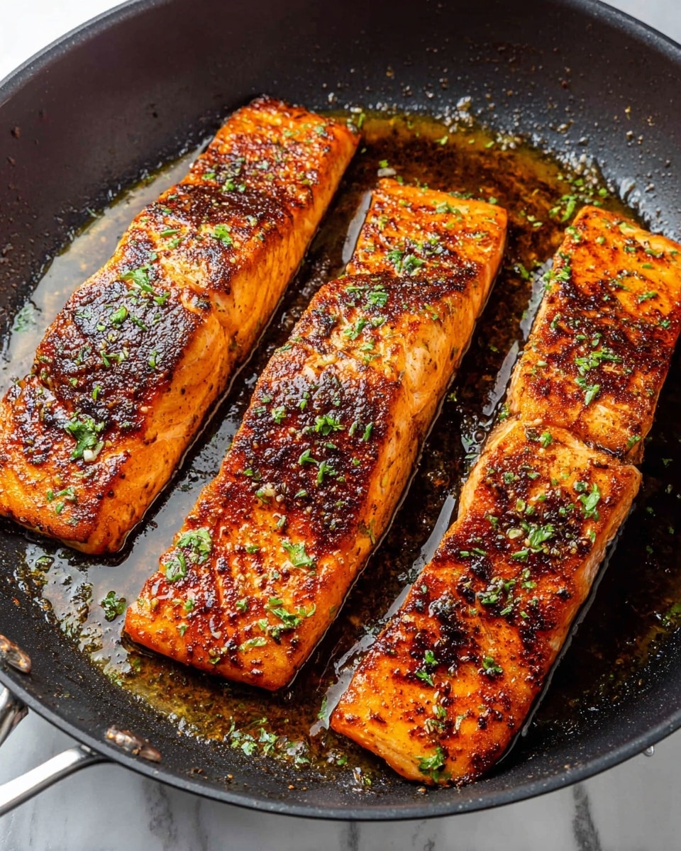 The image shows four thick salmon fillets cooking in a dark grey skillet. Each fillet has a richly browned and slightly charred surface from spices and searing, with a glistening glaze of oil and sauce that makes them look juicy. Small green herb bits are sprinkled on top, adding a touch of fresh color. The skillet holds some oil with tiny bits and juices from the fish, creating a shiny, textured base beneath the salmon. The background shows a white marbled texture surface. Photo taken with an iphone --ar 4:5 --v 7