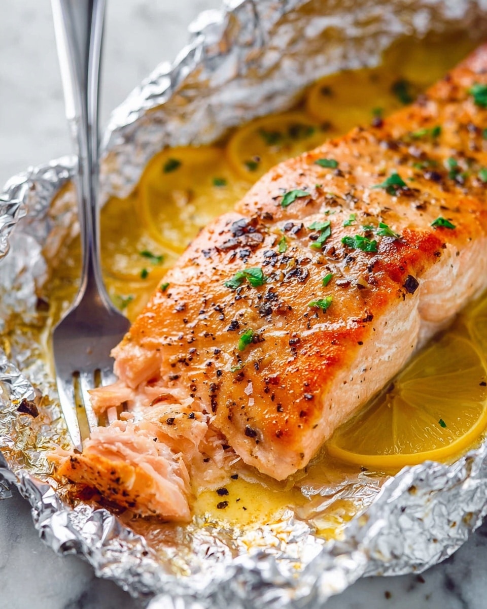 A close-up of a cooked salmon fillet with a golden-brown grilled top layer, sprinkled with black pepper and small green herb pieces, resting on a bed of bright yellow lemon slices layered in crinkled aluminum foil. The foiled salmon sits on a white marbled surface, and a fork holds a small piece of the flaky pink fish in the lower left corner. The yellow lemon juices mix with the shiny foil underneath, making the scene look fresh and juicy. Photo taken with an iphone --ar 4:5 --v 7