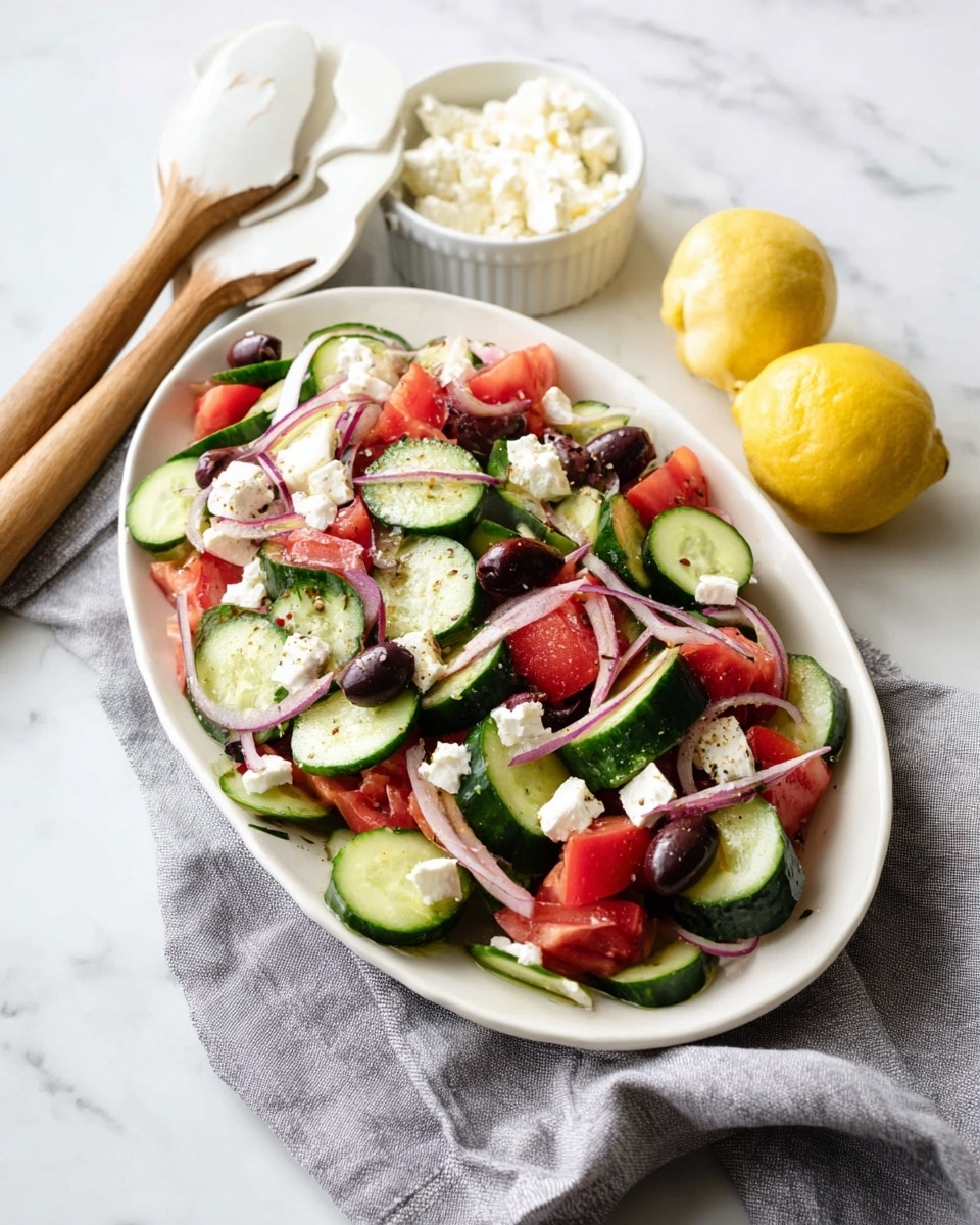 A white oval plate holds a fresh Greek salad with three main layers: at the bottom are thick green cucumber slices with dark green skin, above them are bright red tomato chunks, and the top layer has thin light purple onion strips, black olive halves, and scattered small white feta cheese cubes. The salad sits partly on a soft grey cloth, with a whole lemon and a lemon half in the background on a white marbled surface. A small white bowl filled with extra feta cheese and wooden kitchen tools with white handles rest nearby. Photo taken with an iphone --ar 4:5 --v 7