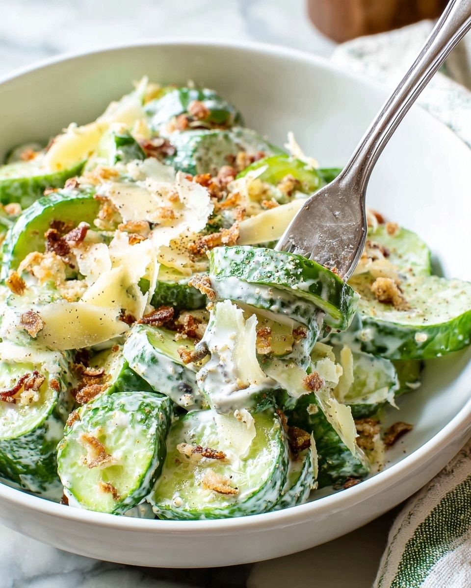 A white bowl filled with a fresh cucumber salad showing many sliced green cucumbers coated lightly with a creamy white dressing as the base layer. On top of the cucumbers, there are thin, large pieces of pale yellow cheese scattered evenly. The salad is garnished with small brown, crumbly bits sprinkled throughout, adding texture. A silver fork is partially inserted into the salad, lifting a bite-sized piece of cucumber topped with cheese and crumbs. The setting includes a white marbled surface underneath the bowl. Photo taken with an iphone --ar 4:5 --v 7