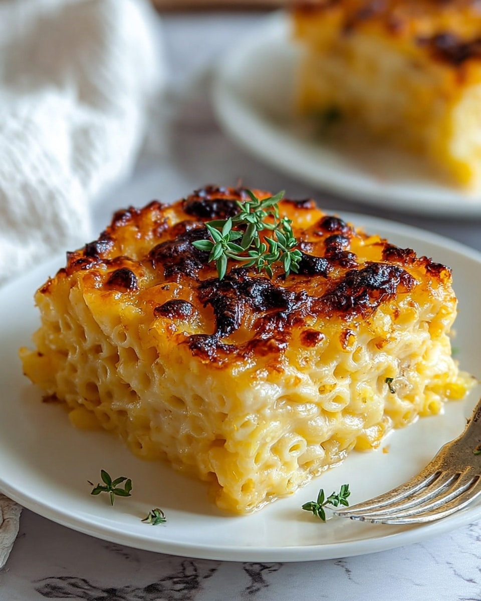 A square piece of baked macaroni and cheese sits on a white plate. The dish has two layers: the bottom layer shows soft, creamy macaroni with a light yellow color and a smooth texture, while the top layer is golden brown and crispy with small burnt spots scattered across. A small sprig of green thyme is placed neatly on top, adding contrast. The plate rests on a white marbled textured surface, with a white cloth and a fork slightly blurred in the background. Photo taken with an iphone --ar 4:5 --v 7