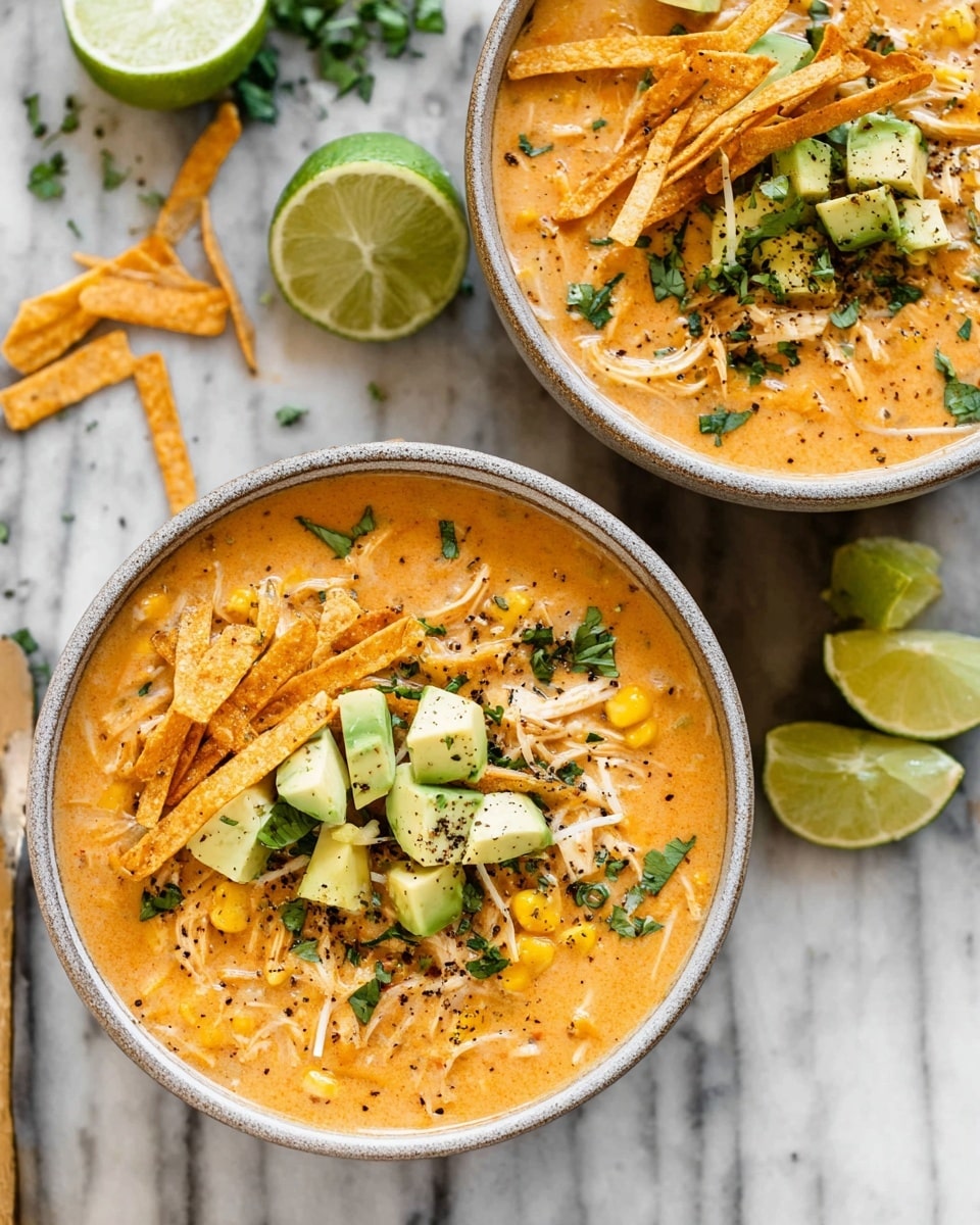 A grey bowl filled with creamy orange soup that has visible white beans and corn pieces mixed in, topped with a mound of thin, crispy orange tortilla strips in the center. Scattered green avocado chunks and green chopped cilantro leaves add color contrast on top. There is a sprinkle of black pepper and some shredded light yellow cheese on the tortilla strips. The bowl is placed on a white marbled surface with lime halves, extra tortilla strips, and a small white bowl of avocado cubes beside it. Photo taken with an iphone --ar 4:5 --v 7