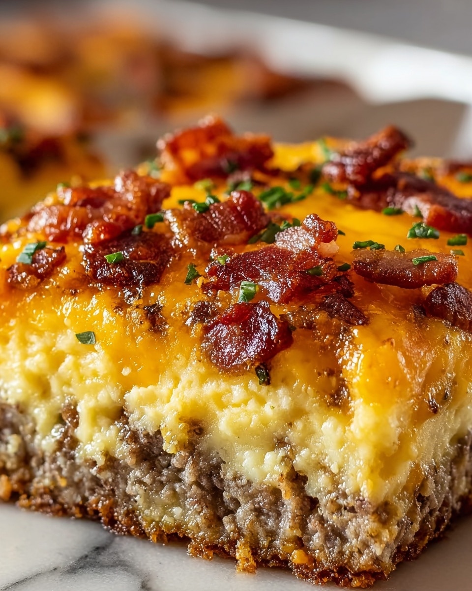 The dish shows a close-up of a thick, square slice with three main layers. The bottom layer is crumbly ground meat in grayish-brown color. The middle layer is fluffy and light yellow, looking like eggs or a soft custard mixed with the meat underneath. The top layer is bright orange melted cheese with shiny, crispy pieces of reddish-brown bacon scattered all over. Small green herb bits are sprinkled on the top, adding a fresh touch. The edges of the slice look slightly browned and the whole piece sits on a white marbled surface. photo taken with an iphone --ar 4:5 --v 7