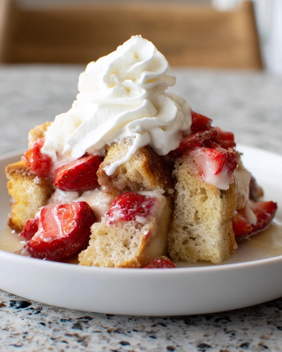 On a white plate sitting on a white marbled surface, there is a small pile of a three-layer dessert. The bottom layer has brown, crispy bread pieces mixed with red strawberry chunks, showing a mix of soft and crunchy textures. The middle layer appears to be moist custard or pudding, light beige in color, soaking into the bread. The top layer is a large dollop of white whipped cream with some peaked swirls. The whole dish looks fresh and inviting. Photo taken with an iphone --ar 4:5 --v 7