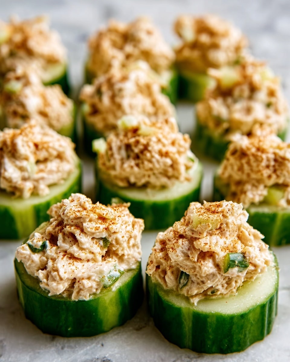 The image shows several small cucumber slices topped with a creamy, beige mixture that looks like a crab or chicken salad. Each cucumber slice forms the green base layer, cut thick and smooth, with the creamy salad mixture piled thickly on top, having a slightly chunky texture with small bits visible. The top of the salad is lightly sprinkled with a fine, brownish seasoning, adding a soft contrast in color. The cucumber pieces are close together and appear fresh and moist, placed on a white marbled surface. Photo taken with an iphone --ar 4:5 --v 7