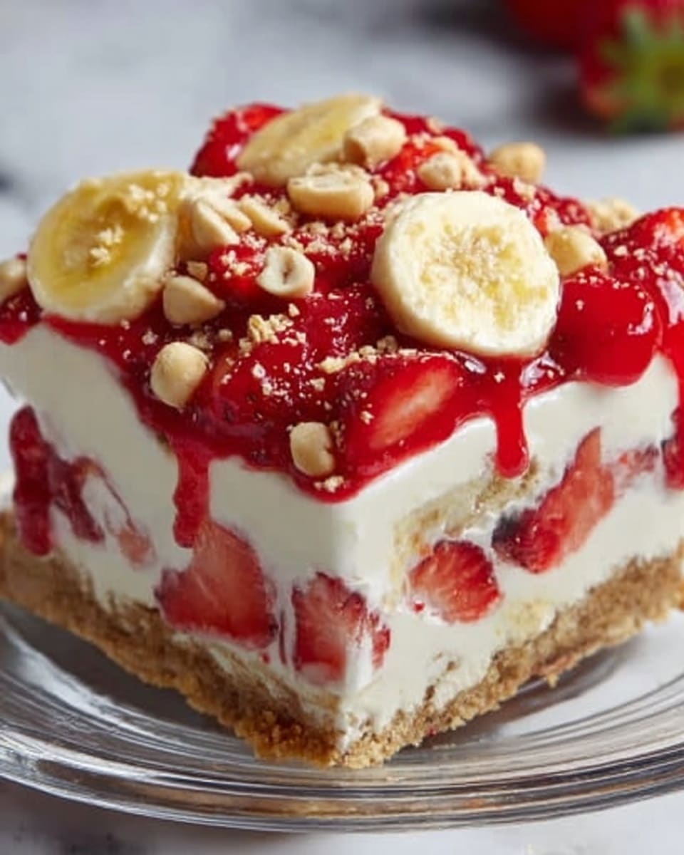 The image shows a close-up of a square-shaped dessert slice with several layers. The bottom layer is a crumbly light beige crust, topped with a thick creamy white layer mixed with red strawberry pieces. Above that is a layer of whole sliced strawberries and creamy white filling that looks smooth and soft. The top layer is decorated with evenly spaced banana slices and small round light brown nuts or cookie pieces, with a drizzle of red strawberry sauce covering parts of the top. The dessert is on a clear glass plate, placed on a white marbled surface, and a woman's hand is holding a spatula lifting the slice. Photo taken with an iphone --ar 4:5 --v 7