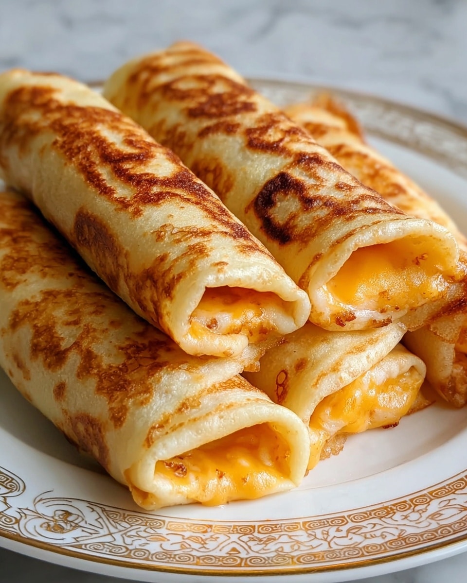 Five rolled crepes with a golden-brown, slightly crispy texture on the outside are stacked closely on a white plate with a gold patterned edge. Each crepe is filled with melted, bright orange cheese layers visible at the open ends, showing a smooth and gooey texture. The crepes have simple, even browning with subtle, uneven spots of deeper brown. The plate sits on a white marbled surface. photo taken with an iphone --ar 4:5 --v 7