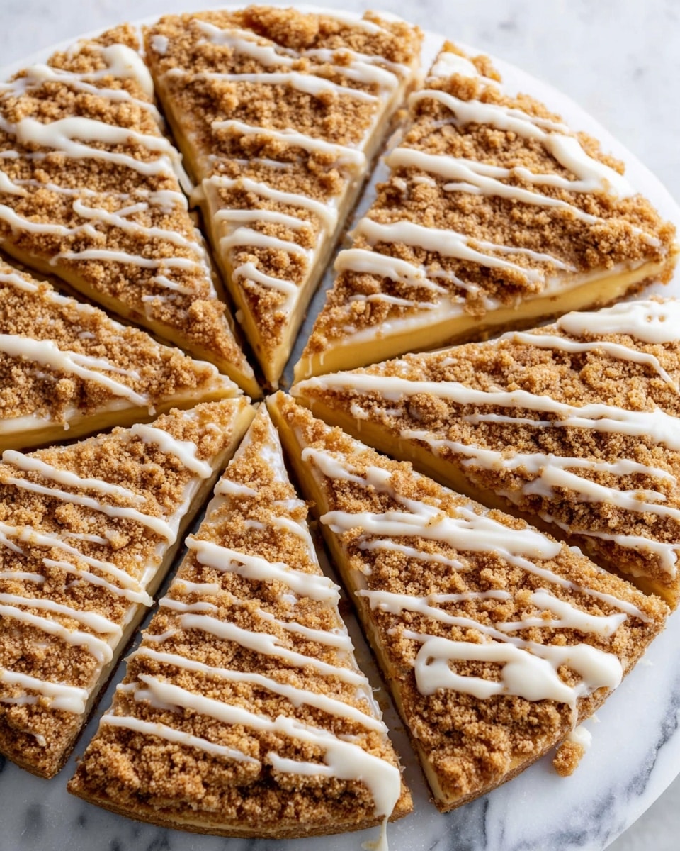The image shows a round dessert cut into eight triangular slices on a white marbled surface. The base layer is a light golden crust, even and smooth. Above it is a thick crumbly layer of brown streusel made of small, rough-textured bits, covering the entire crust. The top layer is light beige icing, drizzled unevenly in thin lines over the crumbly streusel, creating a contrast with the rough texture beneath. The dessert is served on a round silver metal tray, with one slice slightly pulled out from the circle. Photo taken with an iphone --ar 4:5 --v 7