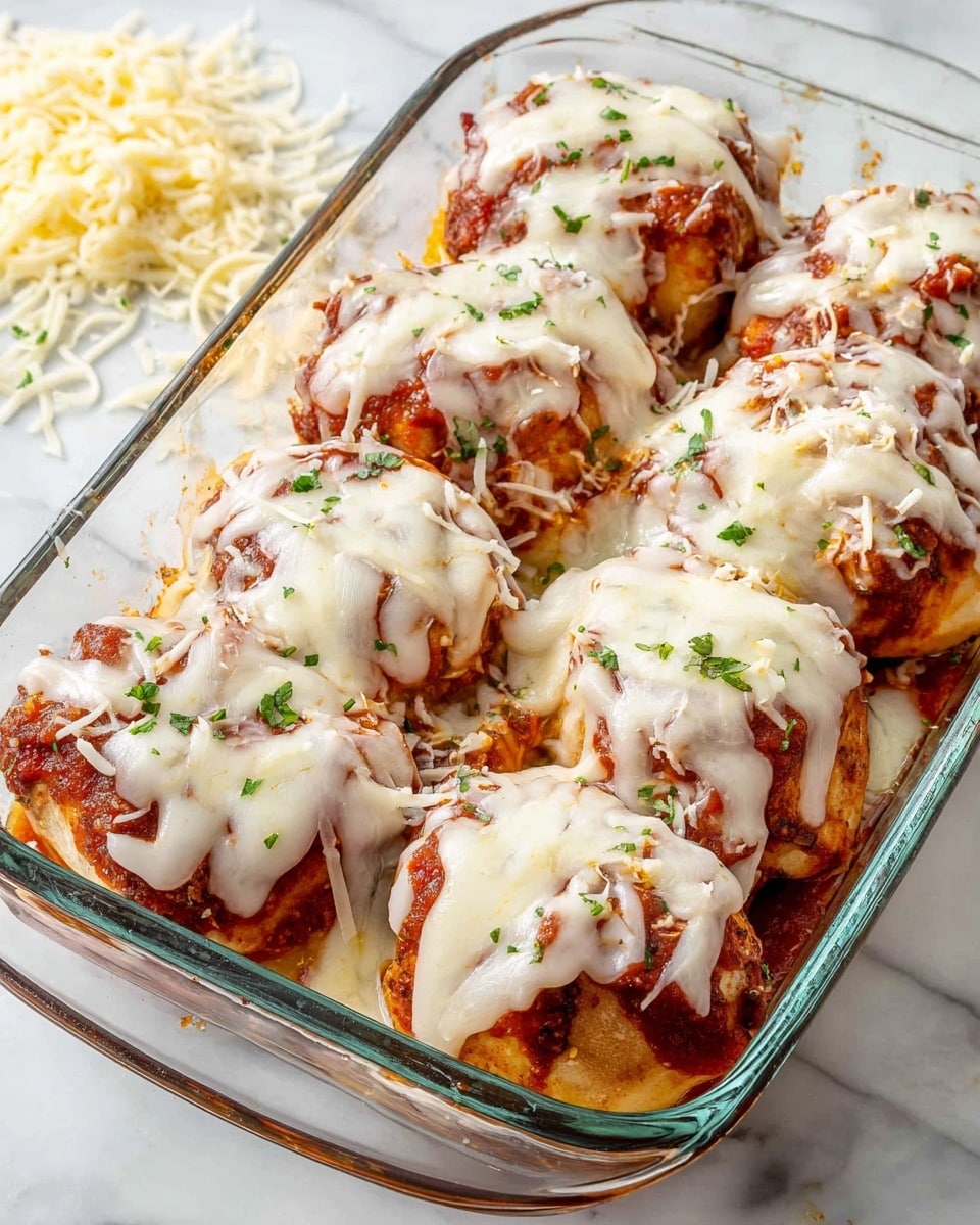 A clear glass baking dish filled with nine meatball sliders shows three visible layers: a bottom layer of soft, golden brown slider buns, a middle layer of rich red marinara sauce with meatballs on top, and a thick melted white cheese layer covering the sliders, bubbling and slightly browned in spots. Each slider is garnished with small green parsley bits. The dish sits on a white marbled surface with a few cheese shreds scattered around. Photo taken with an iphone --ar 4:5 --v 7