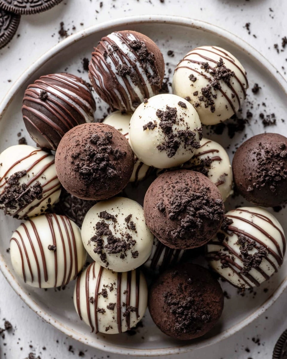 A close-up top view of round cake balls covered in smooth chocolate coating, with some dipped in white chocolate and others in dark chocolate. Each ball is decorated with a drizzle of the opposite chocolate color or sprinkled with crushed dark cookie crumbs. The cake balls rest on whole dark sandwich cookies, all arranged in a slightly speckled white plate that sits on a white marbled surface. The scene shows a mix of smooth, creamy texture and crumbly details, creating a rich visual contrast. photo taken with an iphone --ar 4:5 --v 7