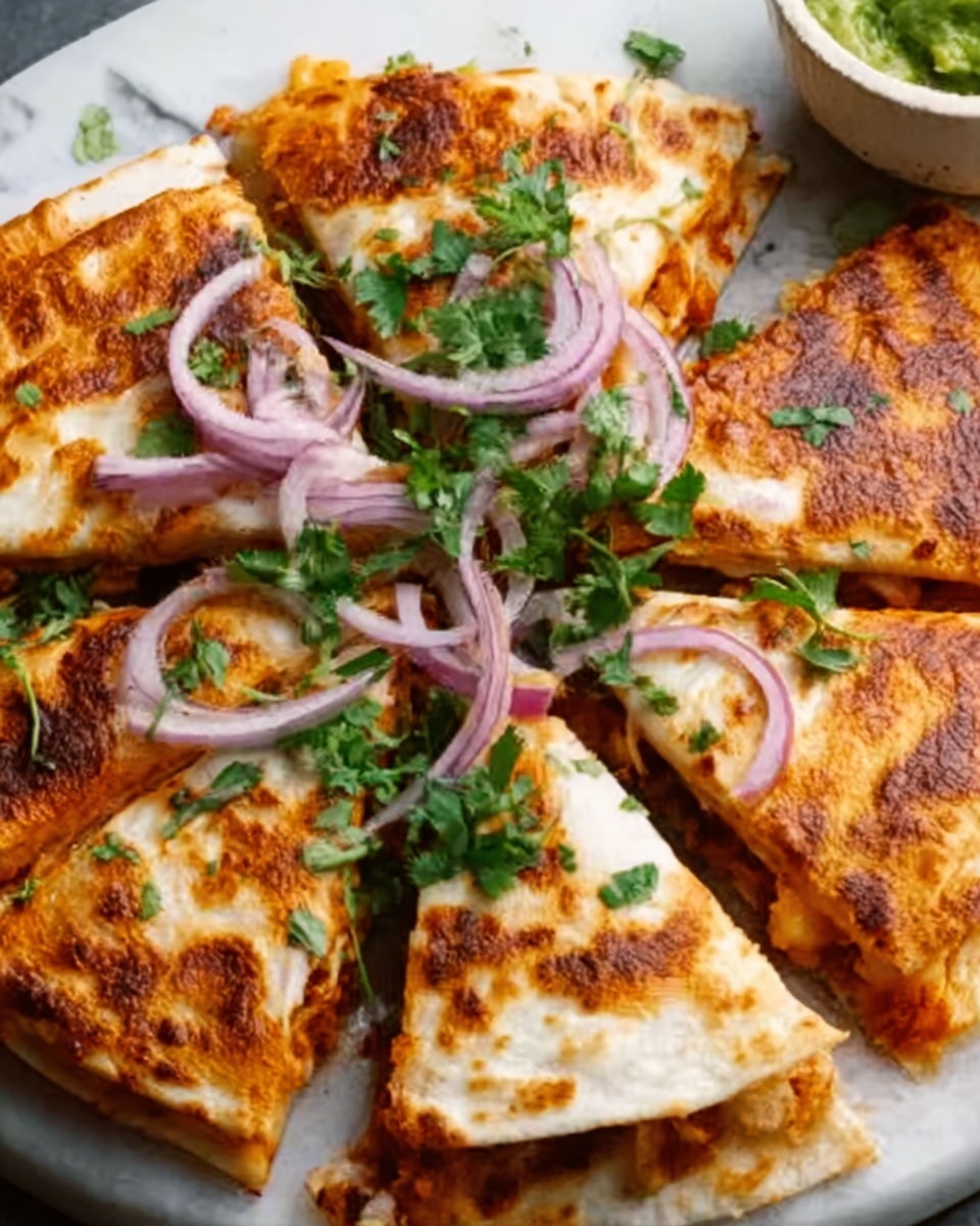A sliced quesadilla arranged in a circular pattern on a white plate shows a golden-brown, crispy outer layer with slightly charred spots. Between the layers of the tortilla, melted cheese and bits of orange filling peek through. On top, there are small chopped green herbs and thin slices of red onion scattered in the center along with small pieces of tomatoes, adding color contrast. A white saucer with a thick white sauce sits near the top edge of the plate. All is placed on a white marbled surface. Photo taken with an iphone --ar 4:5 --v 7
