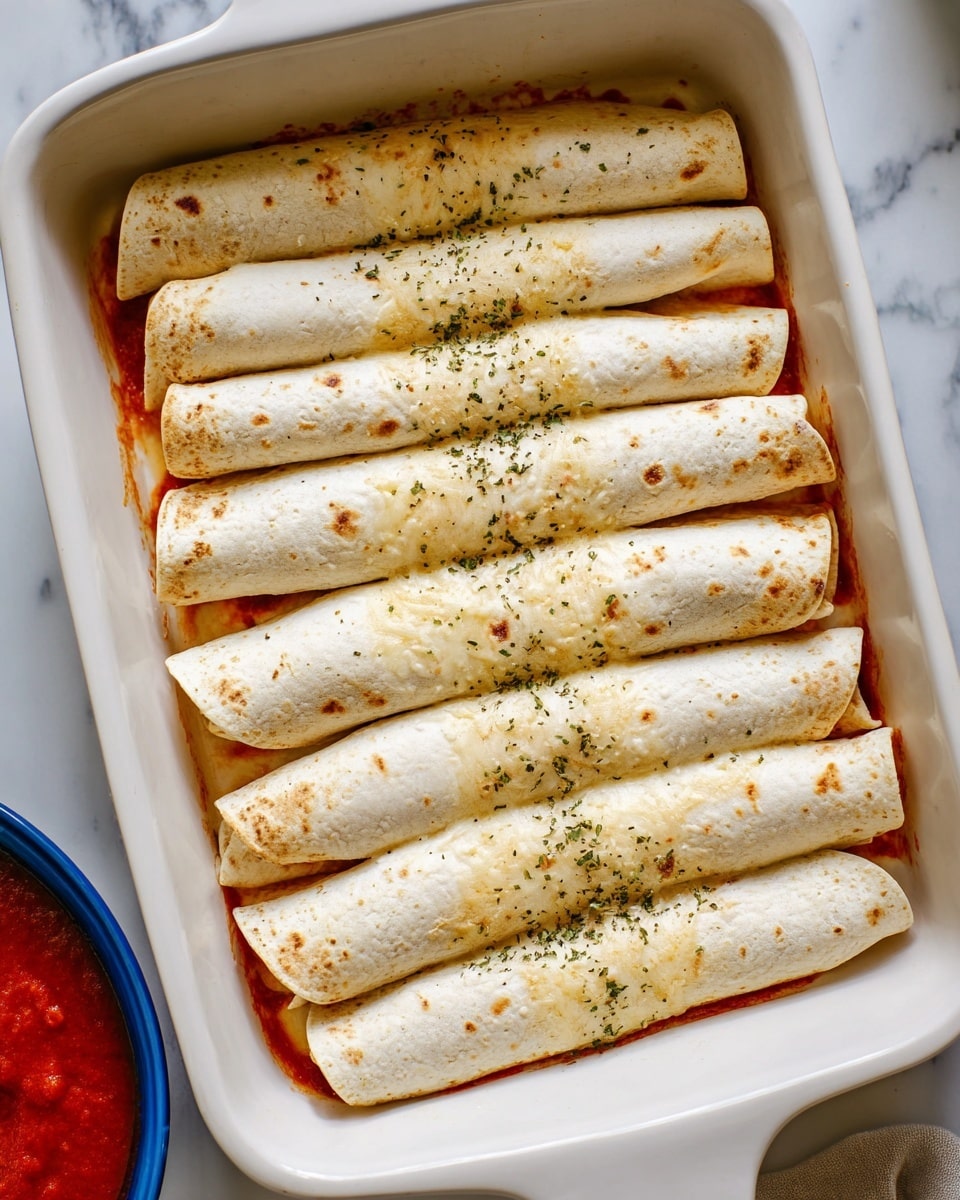 A white rectangular baking dish holds ten rolled tortillas arranged in two neat rows. Each tortilla is light beige with some brown spots and is sprinkled with dried green and yellow herbs on top. The tortillas are tightly wrapped, with a glimpse of red sauce peeking out slightly from underneath the edges. The dish sits on a white marbled surface, with a blue bowl filled with red sauce partially visible in the bottom right corner. Photo taken with an iphone --ar 4:5 --v 7
