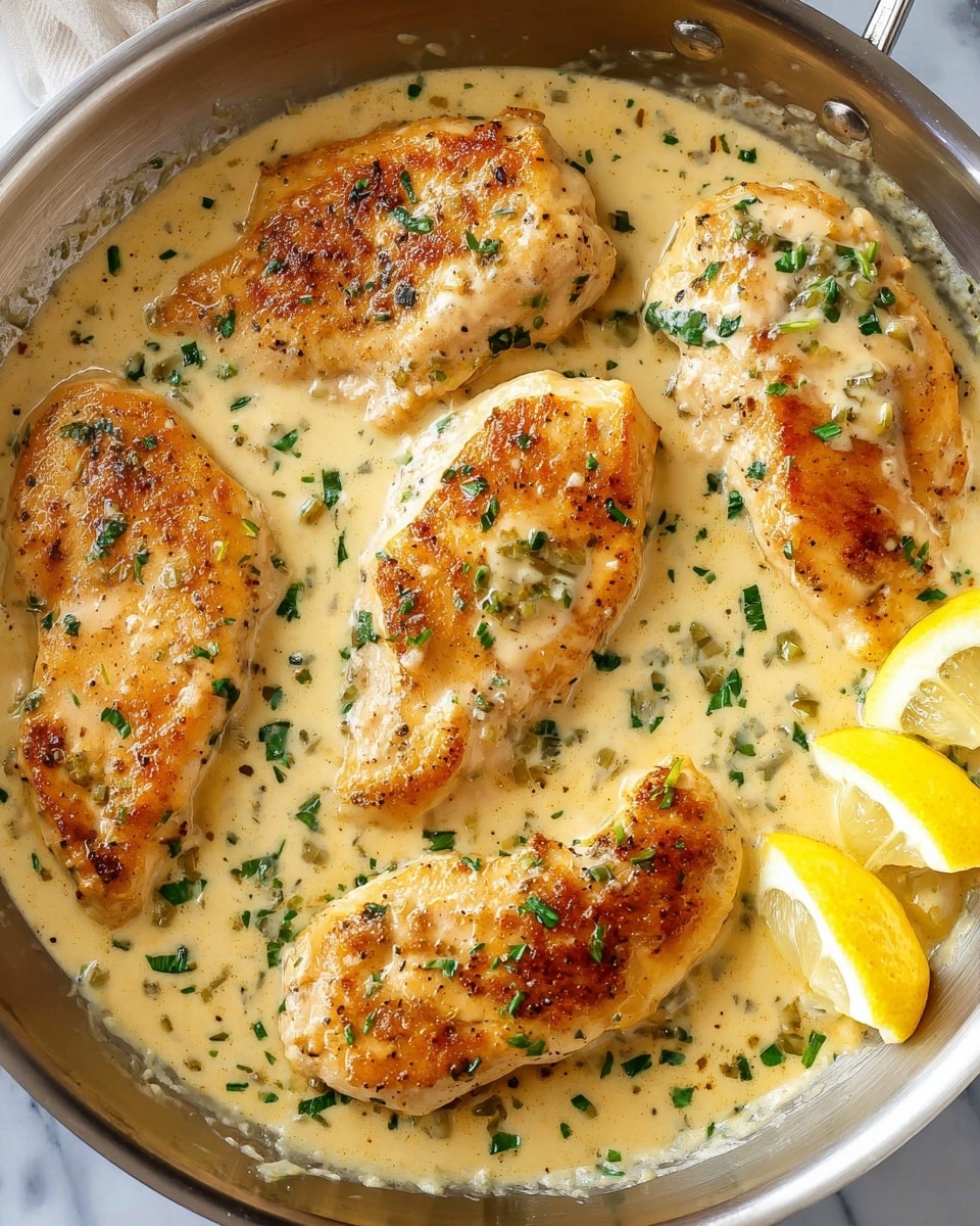 A close-up view of a silver pan filled with six pieces of browned chicken breast, each piece slightly varied in size and showing a crispy golden-brown texture topped with a creamy light yellow sauce that covers parts of the chicken and fills the pan. The sauce is speckled with small green herbs, adding contrast. On the right side, there are three lemon wedges resting on the sauce, adding bright yellow accent. The pan sits on a white marbled texture surface. photo taken with an iphone --ar 4:5 --v 7