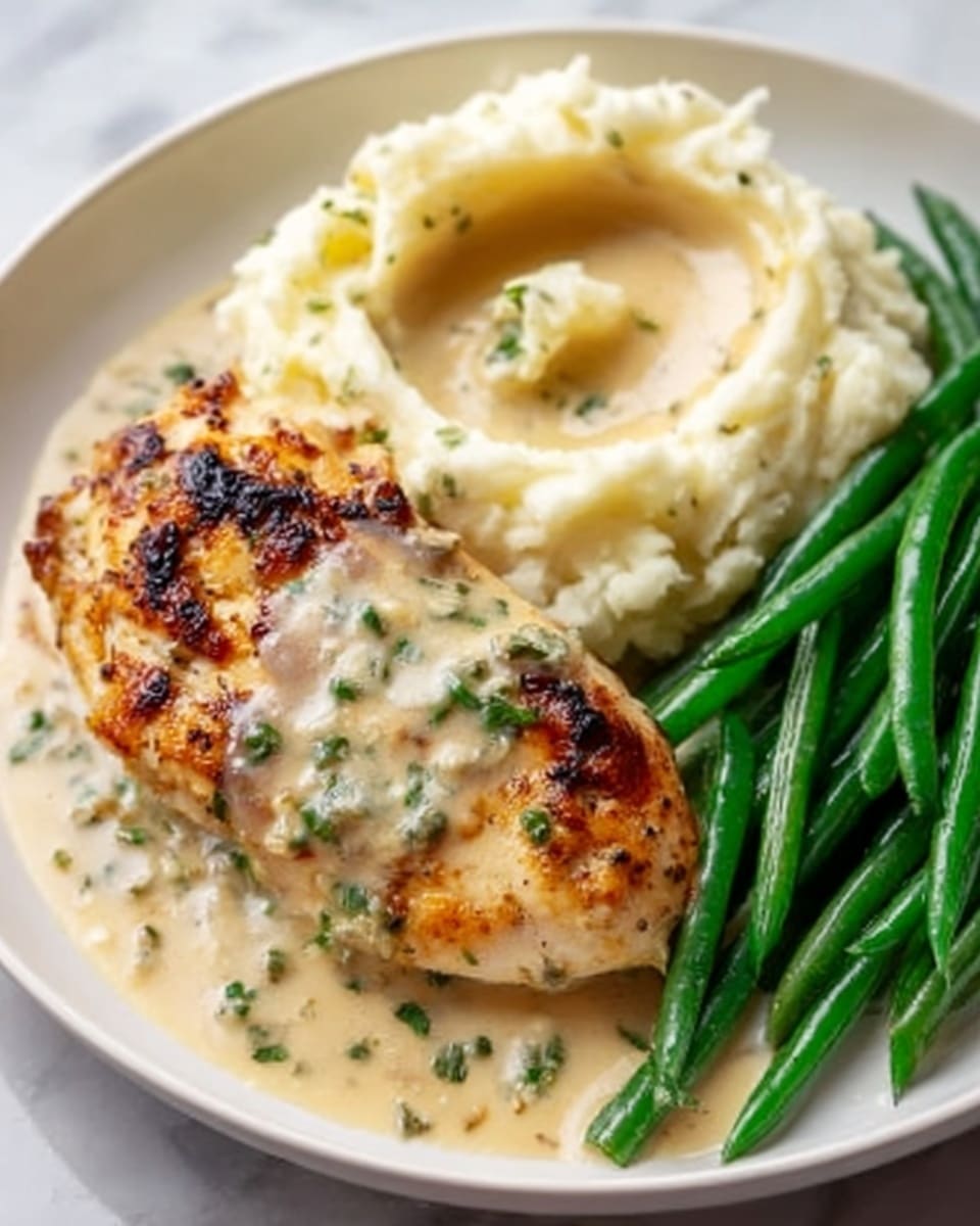 A white plate showing grilled chicken breast with a golden brown and slightly charred surface on the left side, covered partially by creamy beige gravy with small green herb bits. To the right of the chicken, there is a large serving of fluffy mashed potatoes with a smooth texture and a swirl in the middle filled with more gravy. On the far right side of the plate, there is a neat pile of bright green, cooked green beans with a shiny, slightly wet look. The plate rests on a white marbled surface. Photo taken with an iphone --ar 4:5 --v 7
