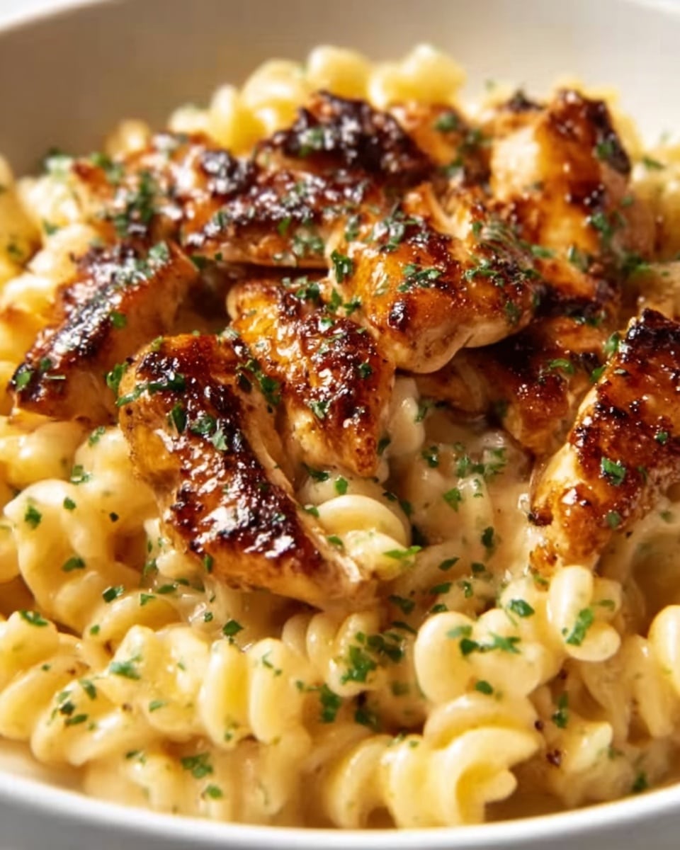 A white bowl filled with creamy pasta, showing short, ridged pieces covered in sauce. On top, there are several pieces of grilled chicken that look slightly charred and caramelized, giving a golden brown color with a shiny texture. Small green herb bits are sprinkled over the chicken and pasta, adding a fresh touch. The pasta sauce is smooth and light yellow, coating each pasta piece well. The image is close-up, showing the rich texture of the chicken and the creamy pasta beneath. photo taken with an iphone --ar 4:5 --v 7