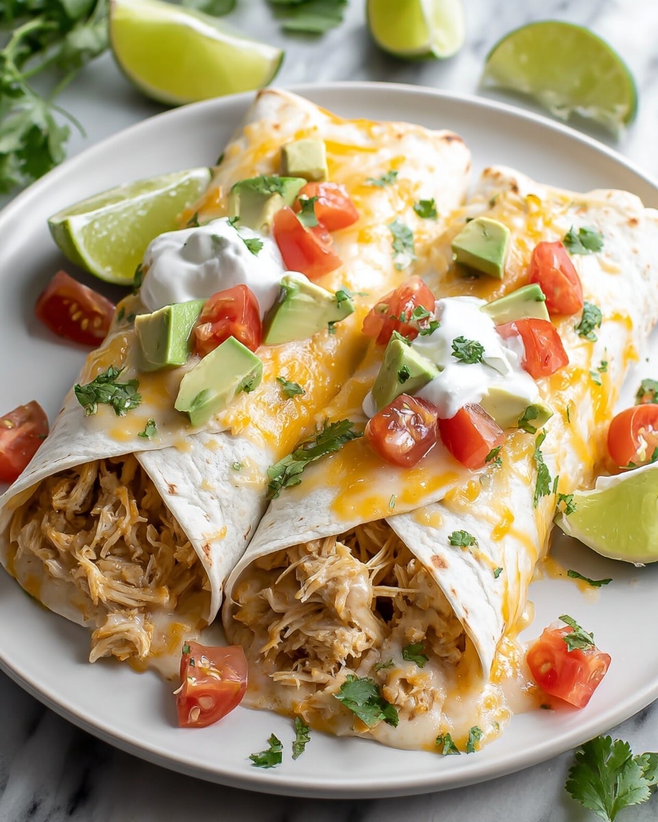 Two soft tortillas folded and placed side by side on a white plate, each filled with shredded chicken mixed with melted yellow and white cheese sauce, giving a creamy and gooey texture that flows slightly out of the front. The top of each tortilla is garnished with small chopped red tomatoes, slices of light green avocado, dollops of white sour cream, and scattered green cilantro leaves. Around the plate edges, there are lime wedges and some chopped tomato and cilantro pieces. The plate sits on a white marbled surface. photo taken with an iphone --ar 4:5 --v 7