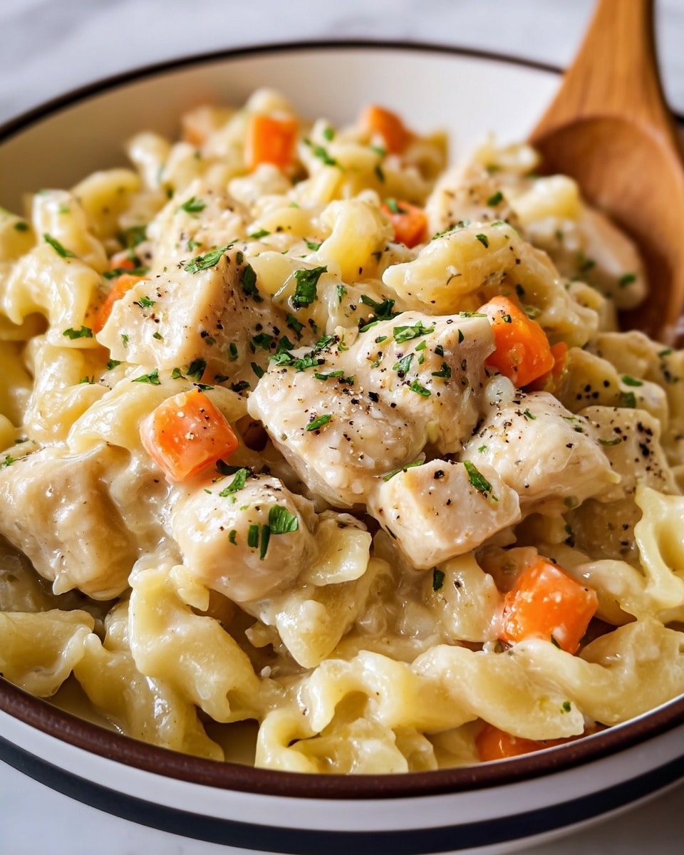 A close-up shot shows a bowl filled with creamy chicken pasta. The dish has three main layers: pale yellow pasta pieces with rough edges form the base, tender chunks of light beige chicken are spread throughout, and small bright orange carrot cubes add color. The pasta is coated in a smooth, creamy sauce that glistens, with finely chopped green herbs scattered on top. Black pepper specks are visible, adding texture and contrast. A wooden spoon is partially immersed on the right side. The bowl is white with a thin dark rim, placed on a white marbled texture. photo taken with an iphone --ar 4:5 --v 7