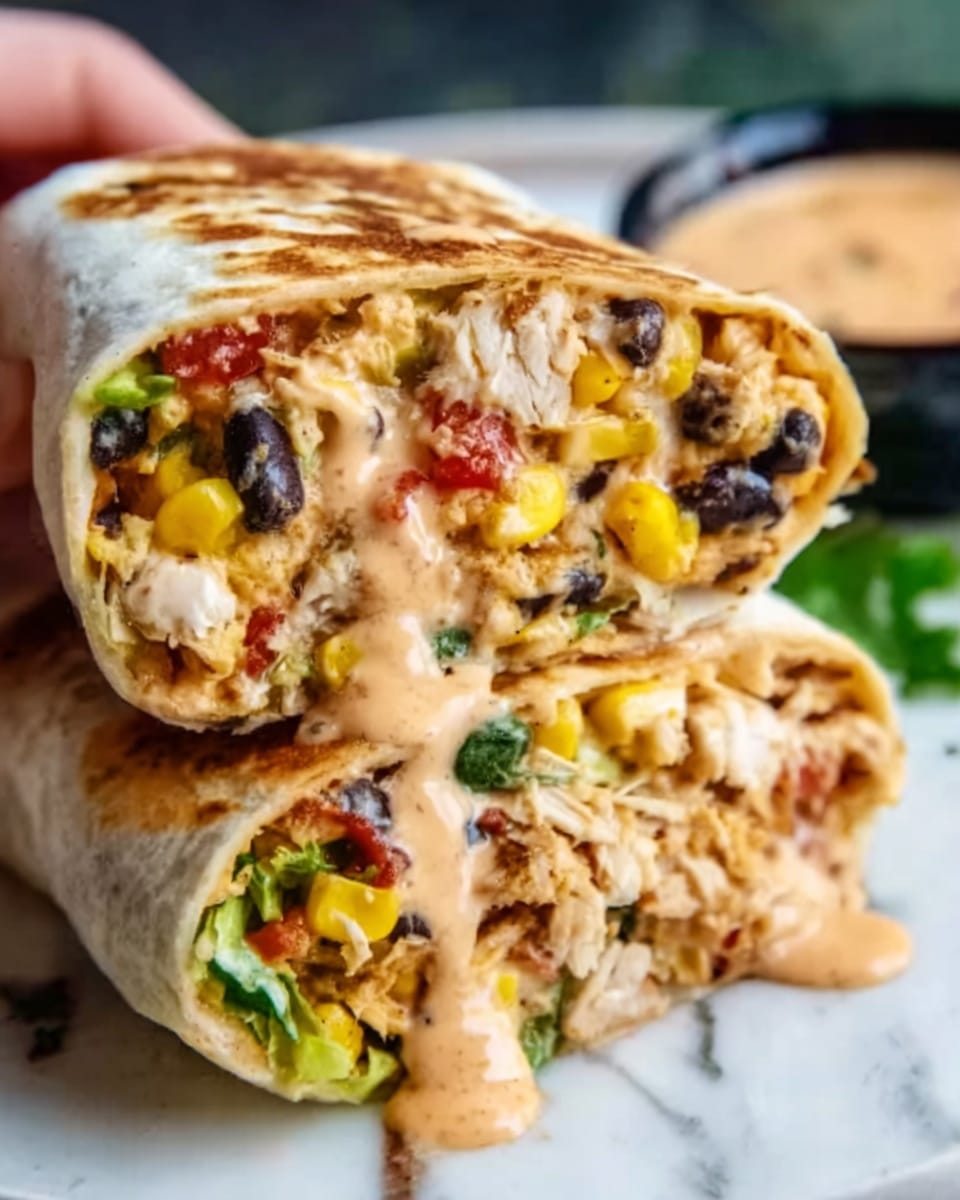 The image shows a close-up of a burrito cut in half, stacked on top of each other, with a creamy sauce dripping from the bottom half. The burrito layers include a soft, light golden tortilla wrapped around fillings like yellow corn kernels, black beans, shredded chicken pieces, red tomato bits, and green lettuce. The sauce inside is light orange and creamy, visibly coating the ingredients. The burrito is placed on a white plate on a white marbled surface, and a woman's hand is partially visible holding the top burrito half. In the background, there is a blurred small black bowl with more sauce. Photo taken with an iphone --ar 4:5 --v 7