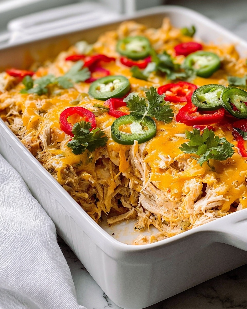 A close-up view of a white rectangular baking dish filled with a layered chicken casserole. The bottom layer consists of shredded cooked chicken with a light brown color. On top is a layer of melted yellow cheddar cheese that looks soft and creamy. The cheese layer is garnished with bright green slices of jalapeño, fresh cilantro leaves, and sliced red bell peppers, adding pops of color. The dish rests on a white marbled surface with a white cloth nearby. Photo taken with an iphone --ar 4:5 --v 7