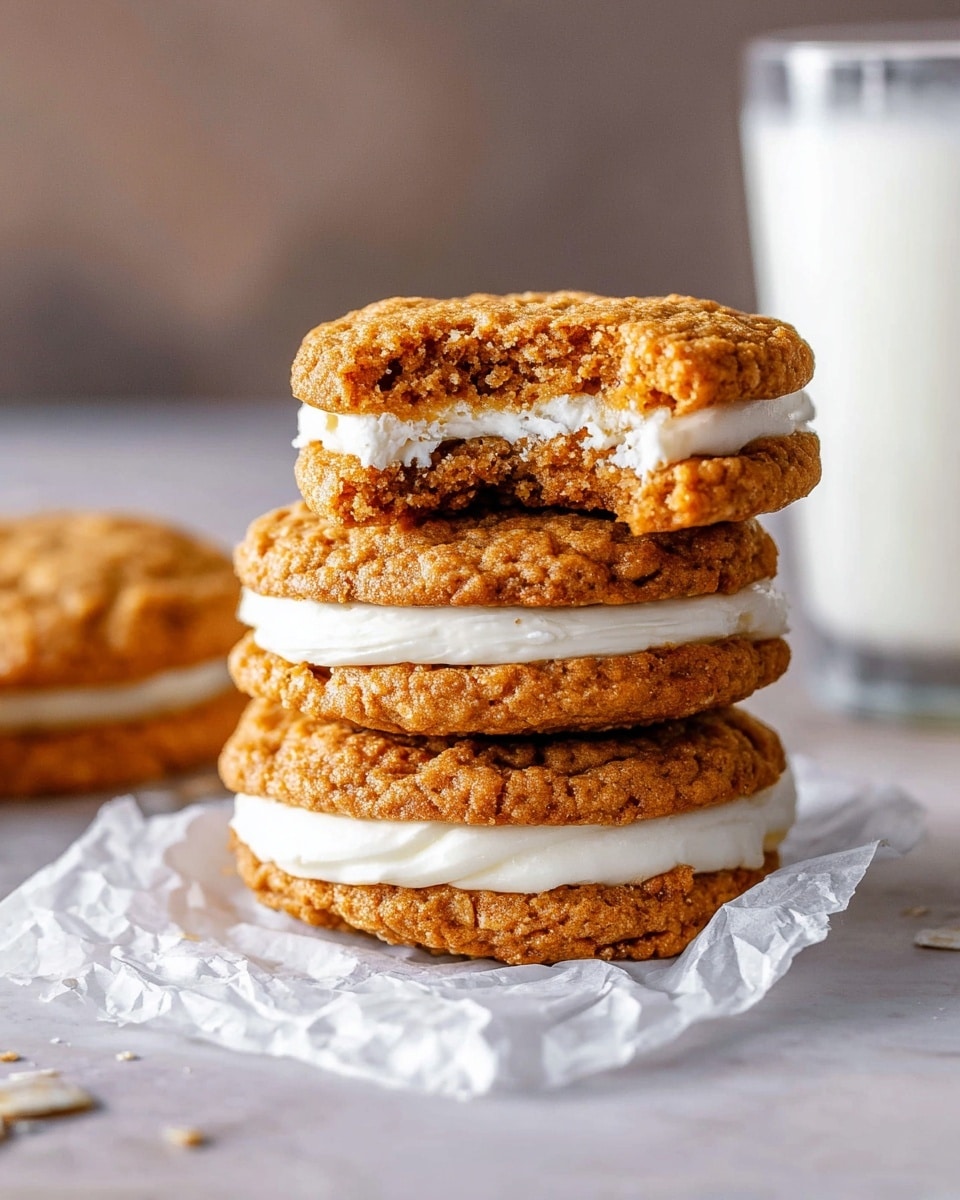 A stack of three oatmeal cream sandwich cookies sits on crumpled white parchment paper atop a wooden table with a white marbled texture in the background. Each sandwich has two golden-brown oatmeal cookies with a rough, textured surface filled with a thick, creamy white filling inside. The top cookie of the stack has a bite taken out, showing the soft cream middle and chewy cookie edges. Behind the stack is a clear glass filled with milk that is softly blurred out of focus. photo taken with an iphone --ar 4:5 --v 7