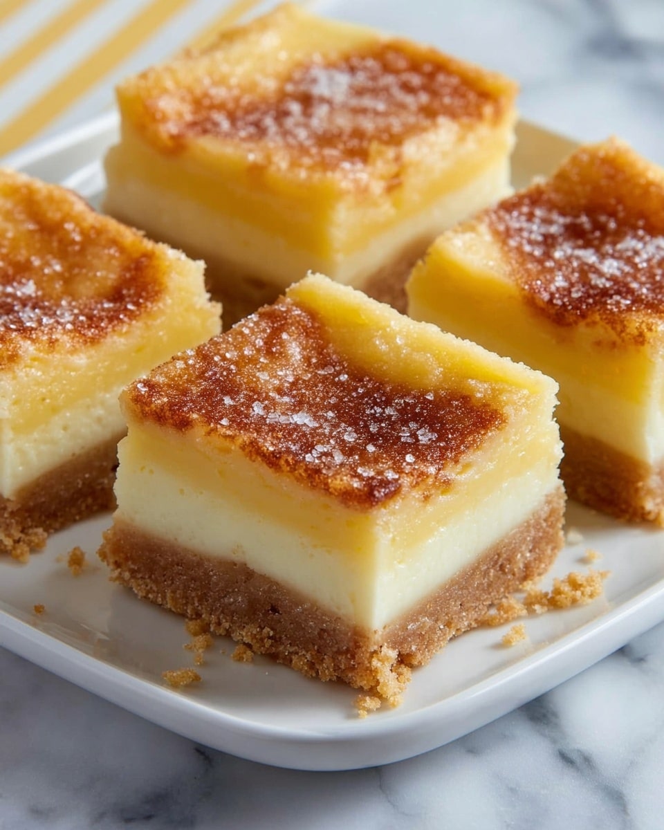 The image shows four square pieces of lemon bars on a white plate, placed on a white marbled surface. Each bar has three visible layers: a crumbly light brown base, a thick middle layer of smooth pale yellow lemon filling, and a top layer with a golden brown, slightly cracked crust dusted with fine sugar crystals. The texture of the crust looks crisp, while the filling appears soft and creamy. Photo taken with an iphone --ar 4:5 --v 7