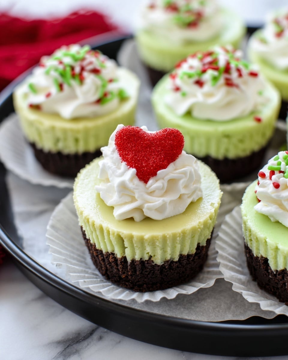The image shows a group of small cheesecakes with three clear layers: a dark brown crumbly base, a smooth pale green middle layer, and a fluffy white whipped topping. One cheesecake in the center is topped with white whipped cream decorated with small red heart-shaped sprinkles and green string sprinkles. The cheesecakes are placed on white paper liners, sitting on a black plate with parchment paper underneath, all set on a white marbled surface. Photo taken with an iphone --ar 4:5 --v 7