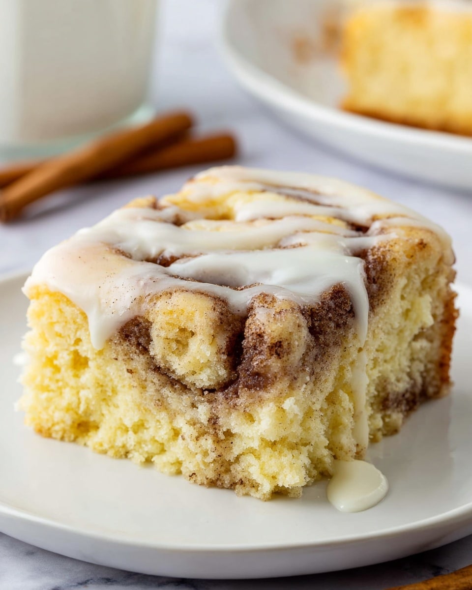 A square piece of cinnamon roll cake sits on a white plate, showing about three layers: a soft, fluffy pale yellow cake base, swirled with brown cinnamon filling that creates textured, marbled patterns inside, and topped with a thick, glossy white icing that spreads unevenly over the top and drips slightly down the sides. The plate rests on a white marbled surface, with a cinnamon stick placed in the blurred background. Photo taken with an iphone --ar 4:5 --v 7
