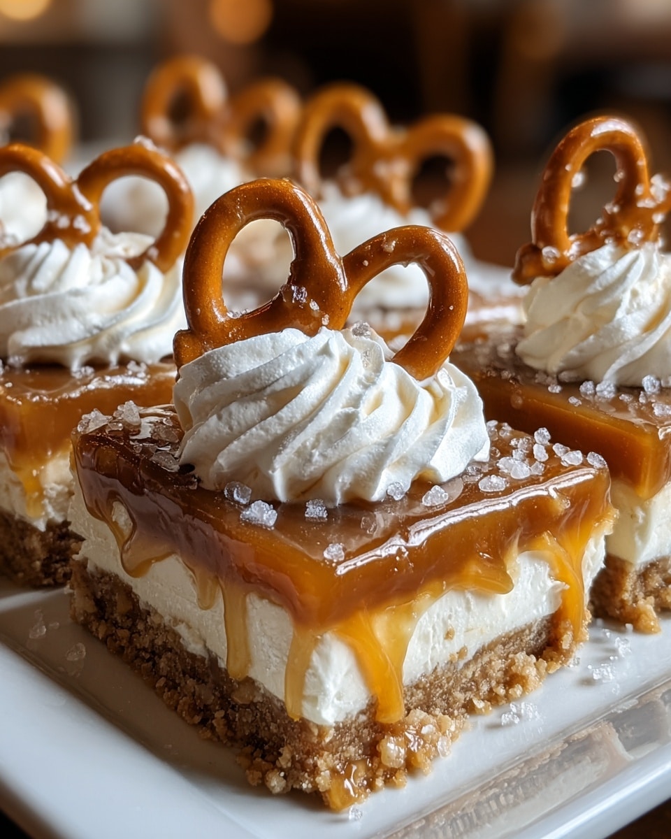 A close-up view of square caramel pretzel dessert bars set on a white rectangular plate, showing three visible layers: a crumbly light brown base, a thick creamy white middle, and a shiny amber caramel layer dripping slightly down the sides; each bar is topped with a swirl of white whipped cream and a salted pretzel placed upright on top, with coarse salt crystals scattered over the pretzels, all set against a softly blurred warm background that highlights the textures and colors beautifully, photo taken with an iphone --ar 4:5 --v 7