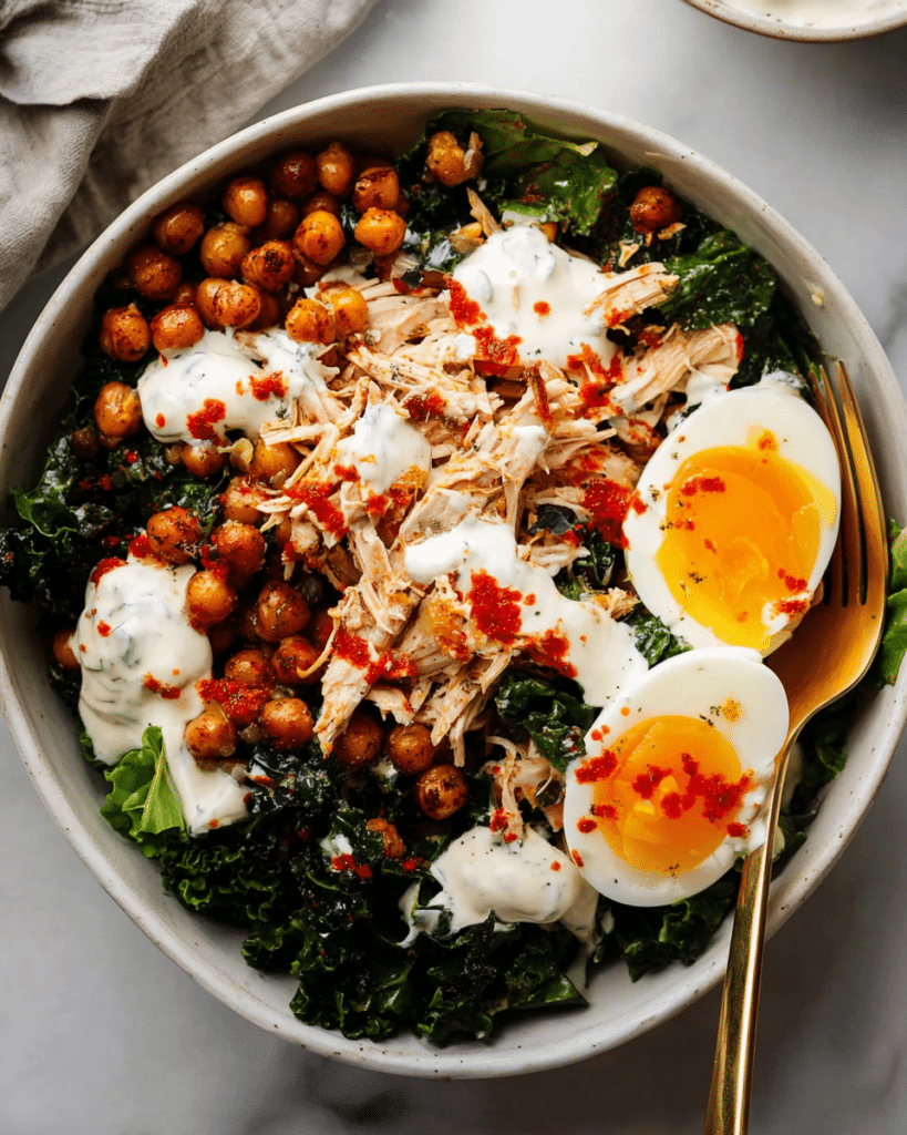 Chicken Kale Salad with Roasted Tomatoes, Crispy Chickpeas, and Tahini Dressing Recipe