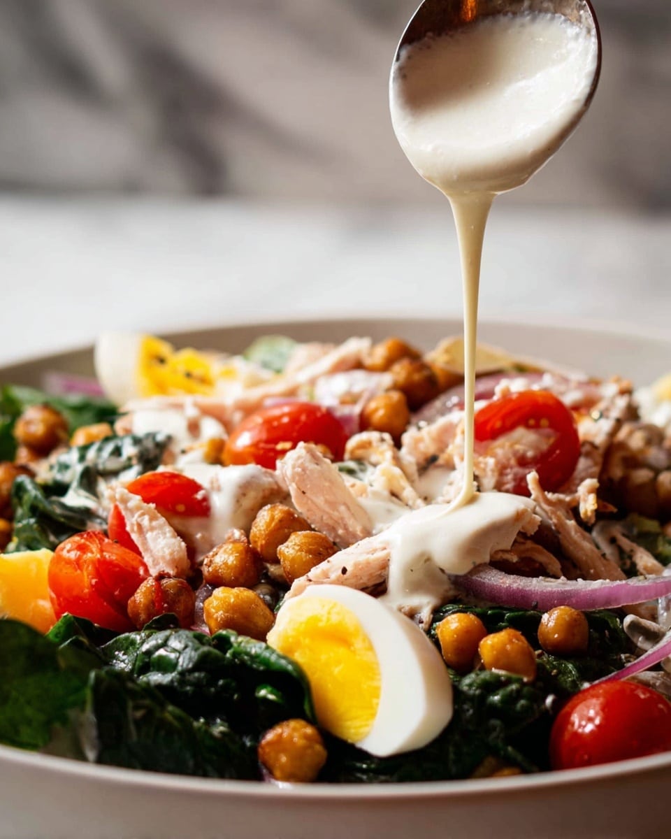 Chicken Kale Salad with Roasted Tomatoes, Crispy Chickpeas, and Tahini Dressing Recipe - Recipe Image