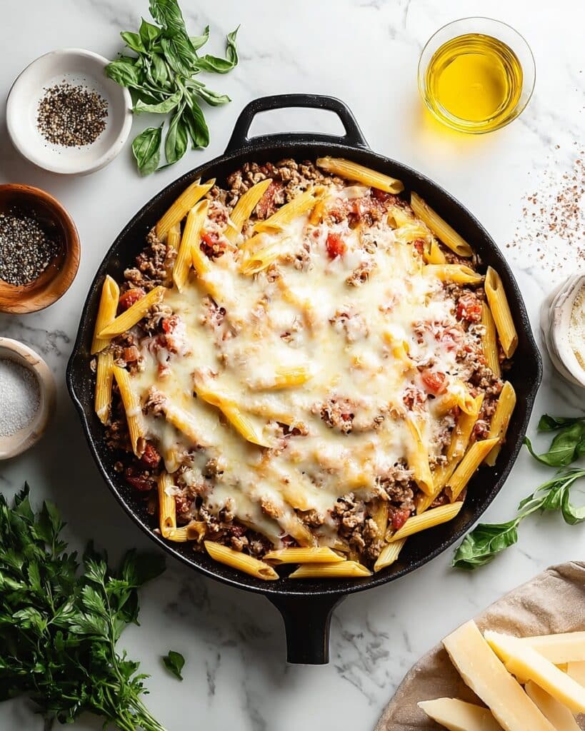 Cheesy Penne with Garlic Butter Ground Beef Recipe