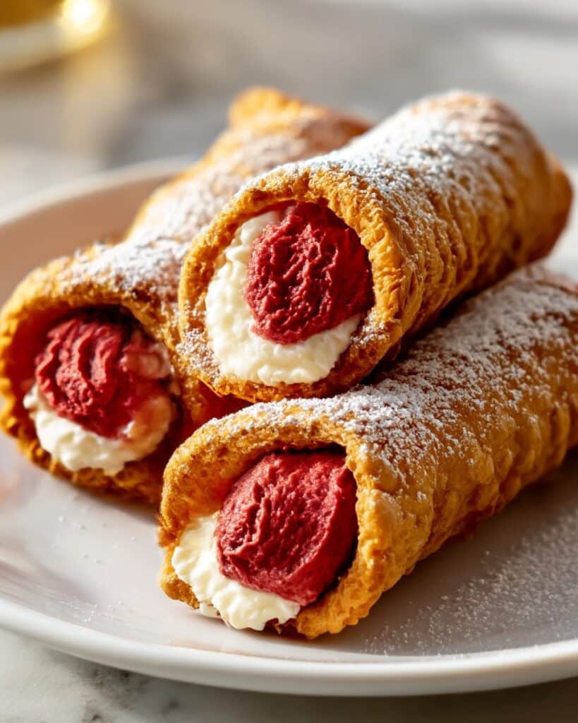 Red Velvet Cannoli with Cream Cheese Filling and Chocolate Pistachio Garnish Recipe