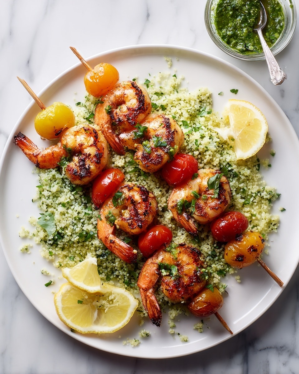 Grilled Lemon Shrimp with Pesto Couscous Recipe - Recipe Image